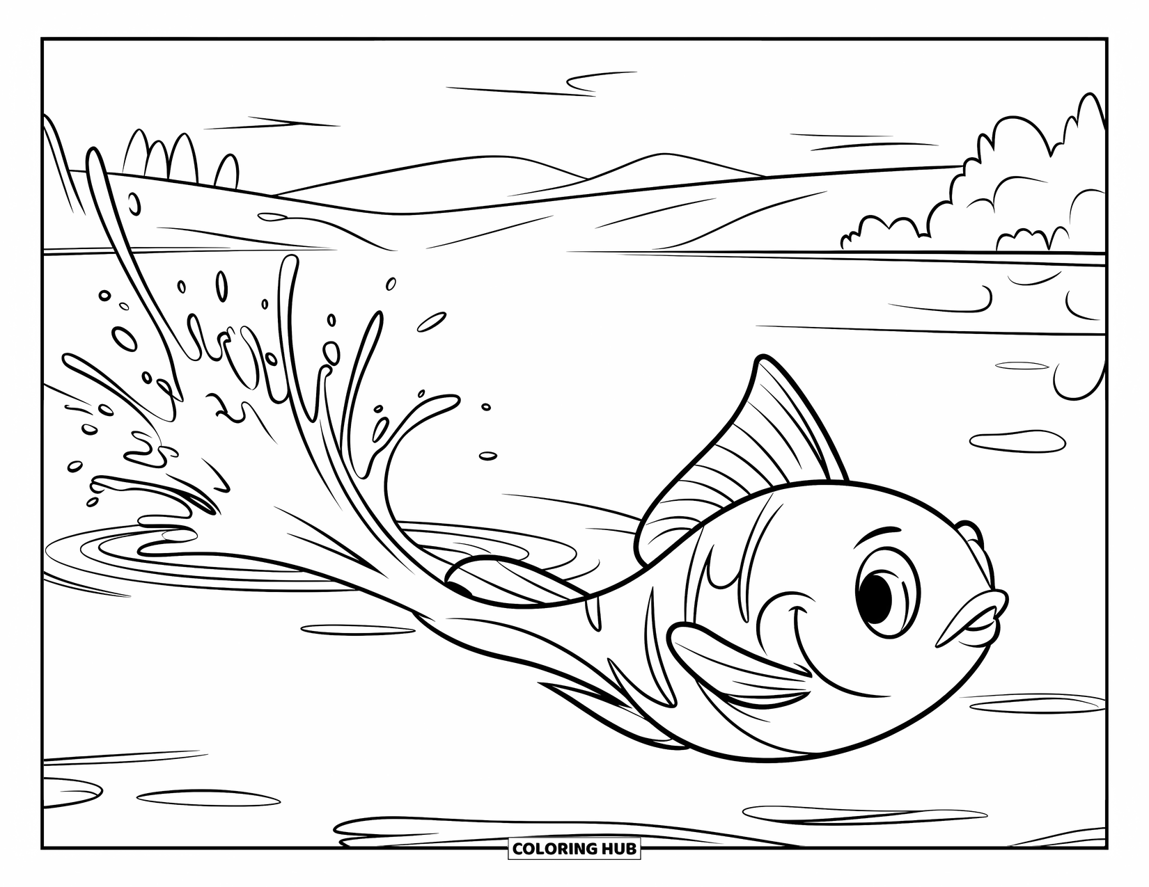 Disegno di pesce rosso da colorare per bambini: Un pesce rosso con grandi occhi salta in un laghetto calmo, creando increspature