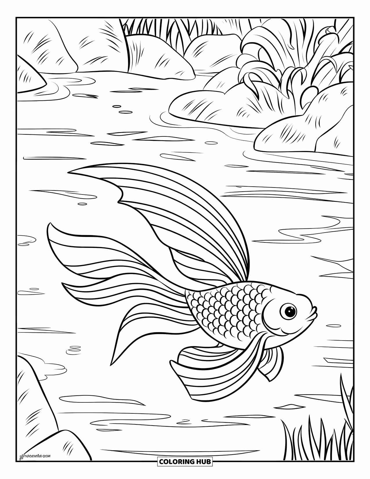 Disegno di pesce rosso da colorare per bambini: Un pesce rosso con lunghe pinne fluenti nuota in acque increspate