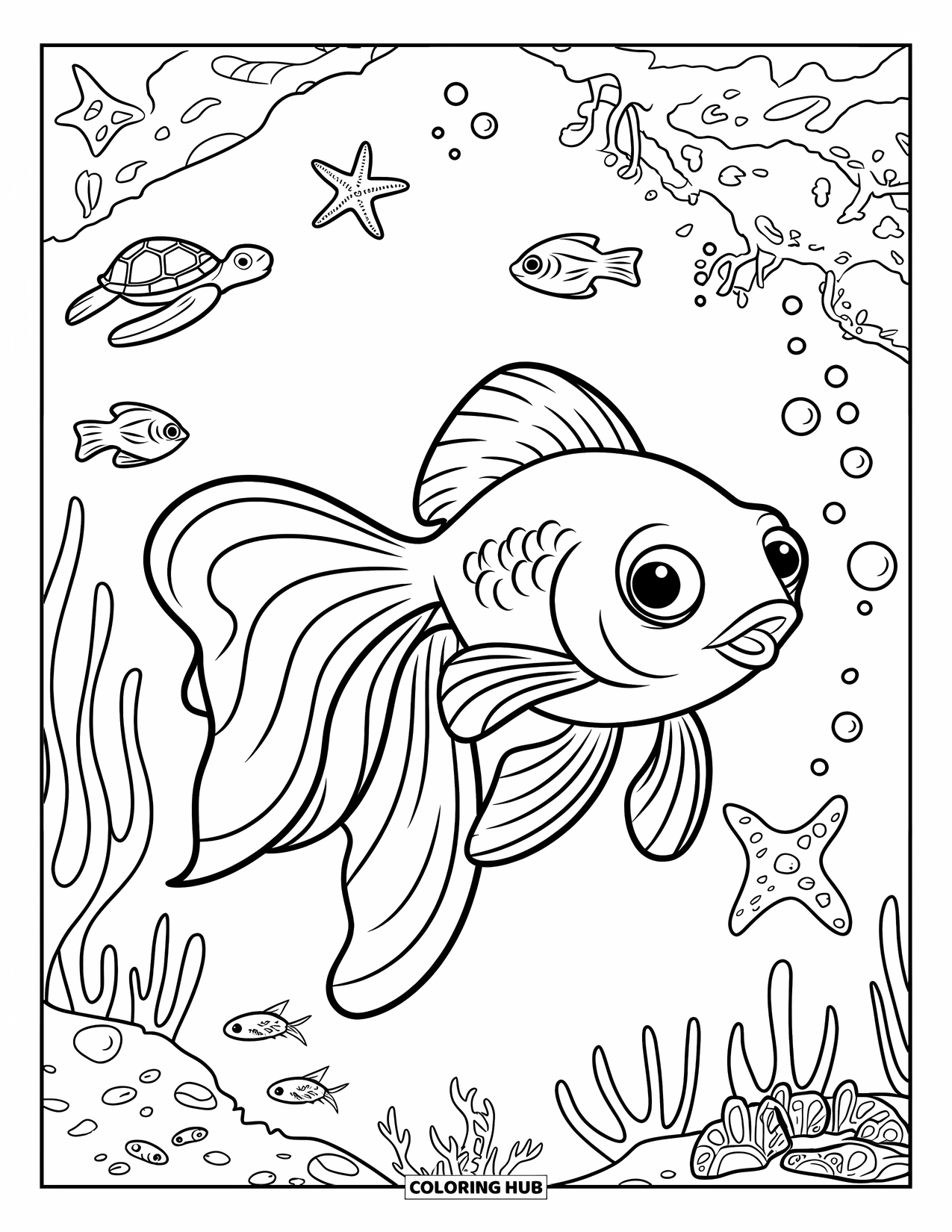 Disegno di pesce rosso da colorare per bambini: Un pesce rosso con pinne fluttuanti nuota tra coralli e creature marine