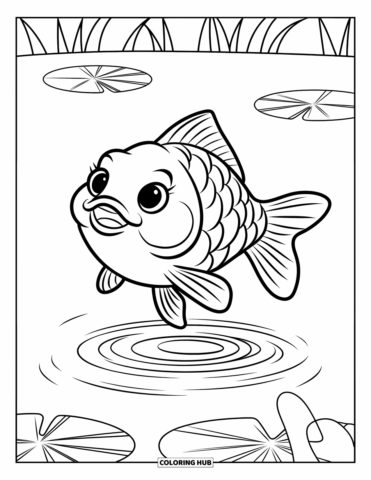 Disegno di pesce rosso da colorare per bambini: Un pesce rosso rotondo salta giocosamente, lasciando piccoli spruzzi nell'acqua