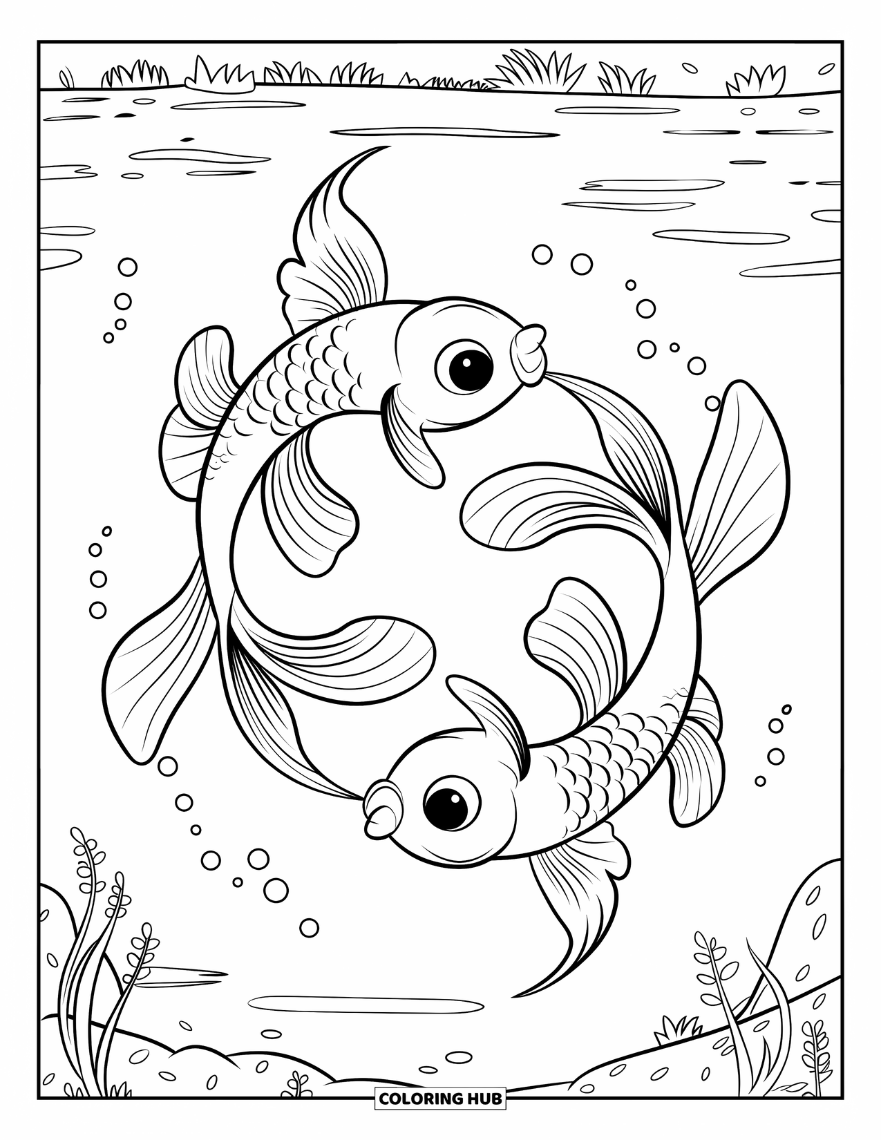 Disegno di pesce rosso da colorare per bambini: Due pesci rossi creano un movimento vorticoso in un lago calmo