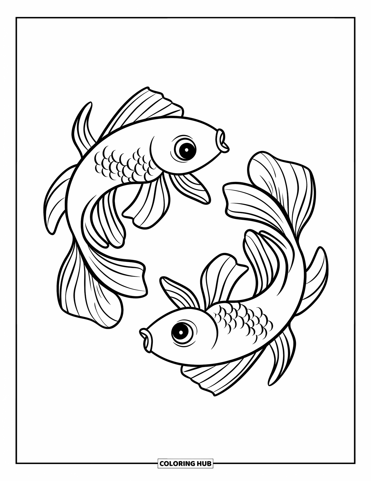 Disegno di pesce rosso da colorare per bambini: Due pesci rossi si muovono con grazia l'uno intorno all'altro in un tranquillo ambiente sottomarino