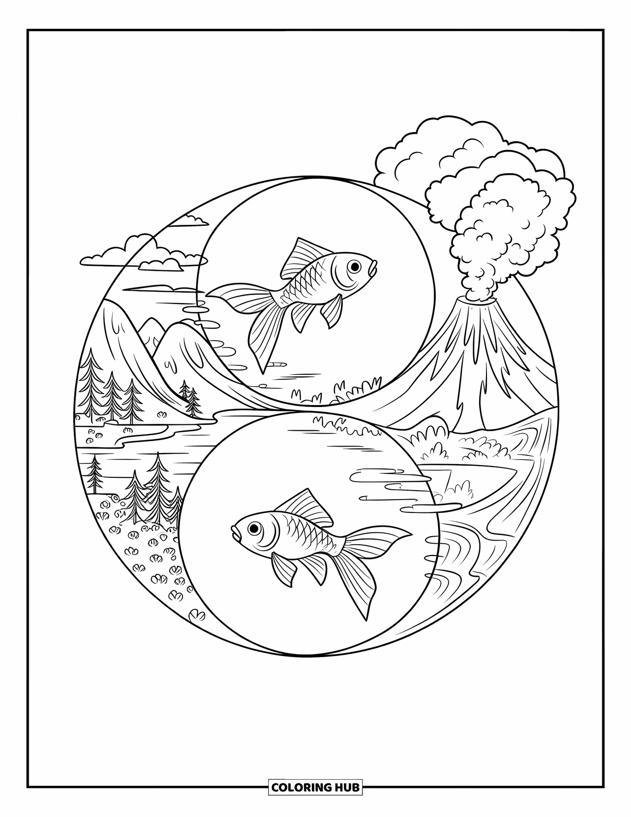 Disegno di pesce rosso da colorare per bambini: Due pesci rossi nuotano in un disegno yin-yang, con sfondi contrastanti