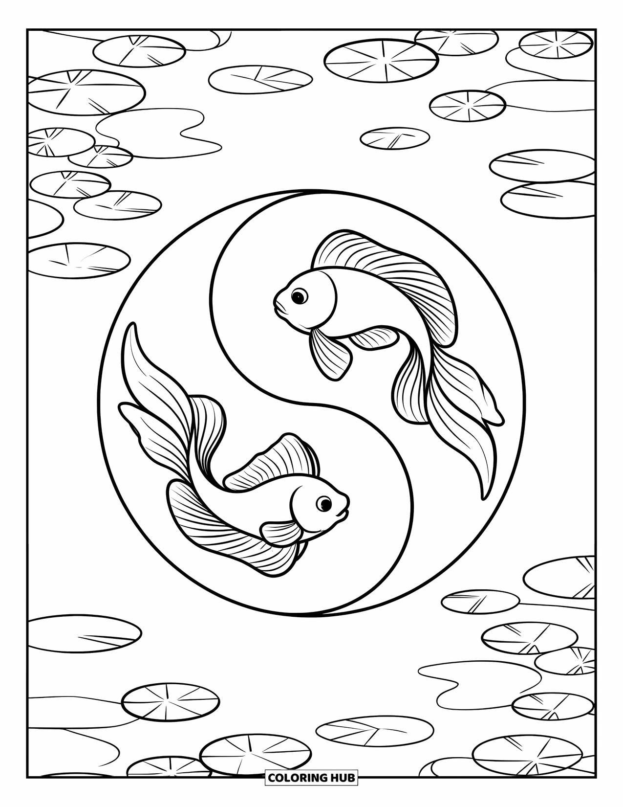 Disegno di pesce rosso da colorare per bambini: Due pesci rossi turbinano l'uno intorno all'altro, formando una forma yin-yang