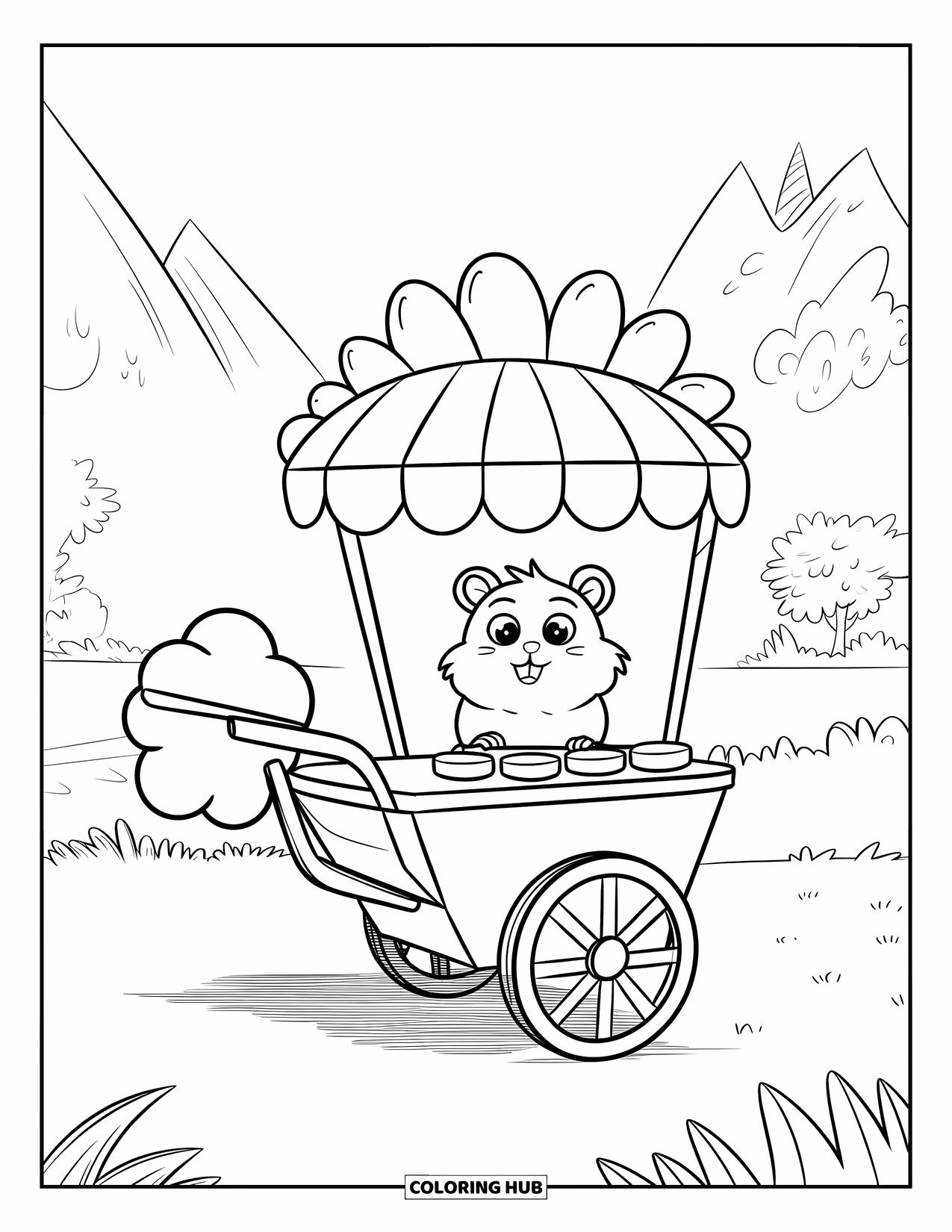 Kolorowanka z chomikiem dla dorosłych: Radosny chomik stoi za wózkiem z lodami w kształcie wafla z szyldem słonecznika