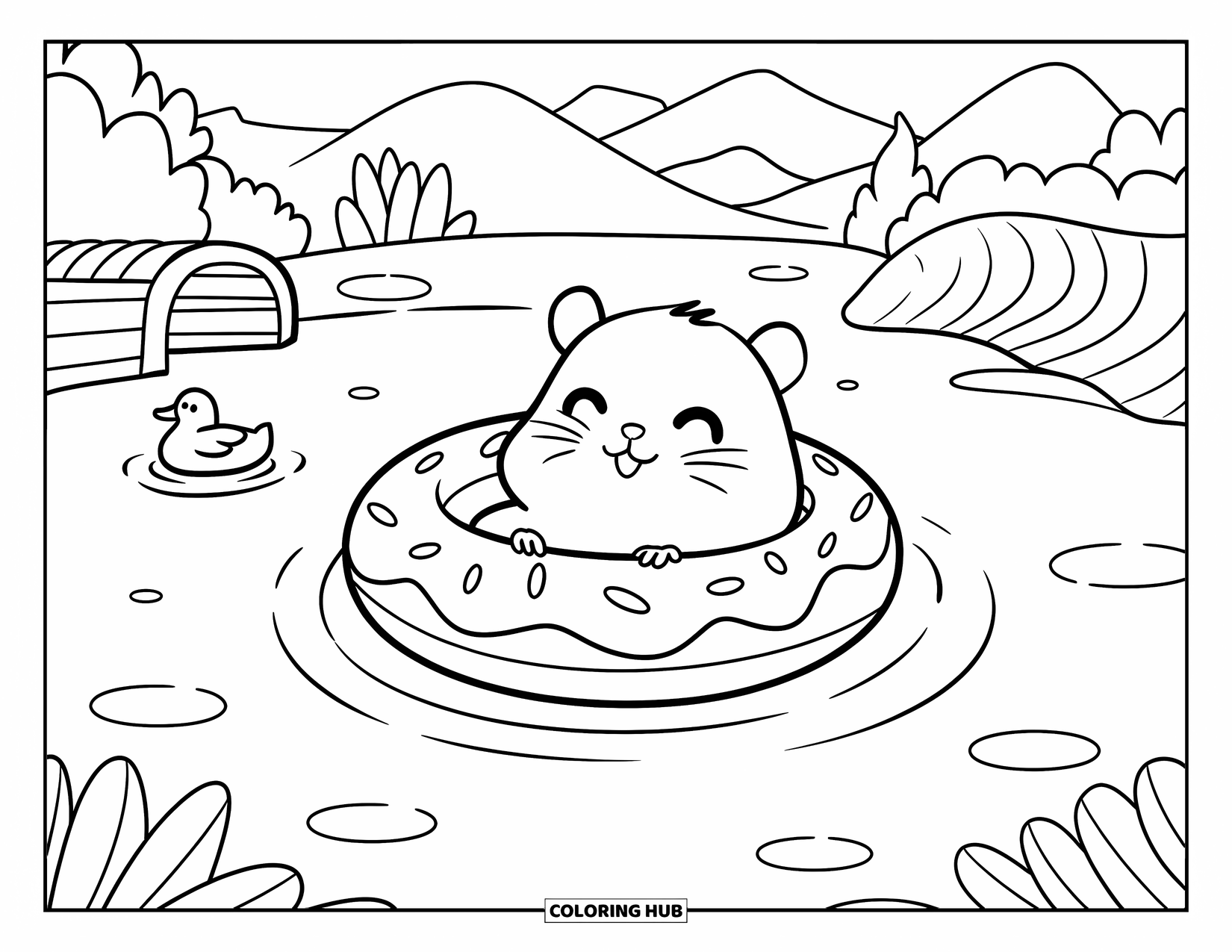 Kolorowanka z chomikiem dla dorosłych: Zadowolony chomik unoszący się na pierścieniu w kształcie pączka w stawie, otoczony spokojnym krajobrazem