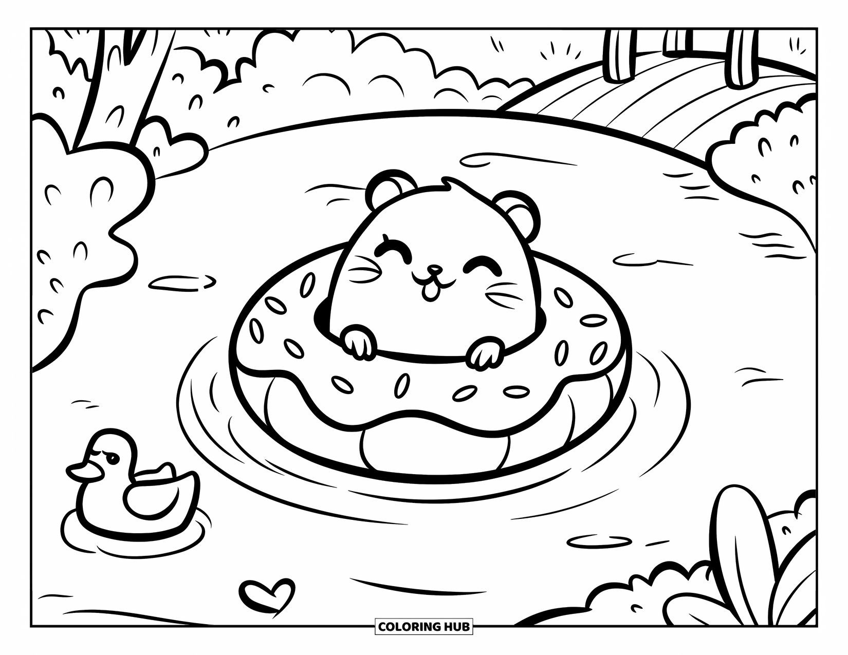 Kolorowanka z chomikiem dla dorosłych: Zadowolony chomik unoszący się na pierścieniu w kształcie pączka w stawie, z spokojnym tłem