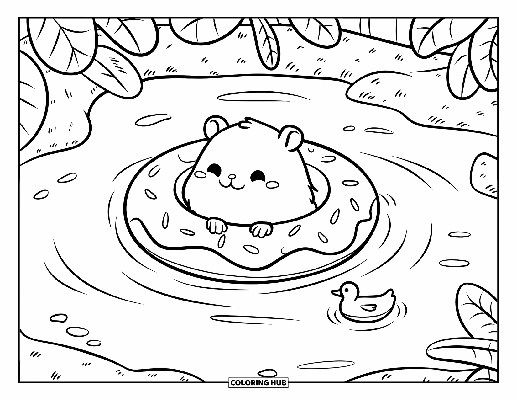 Kolorowanka z chomikiem dla dorosłych: Zadowolony chomik unosi się na pierścieniu w kształcie pączka w stawie z małą kaczką w pobliżu