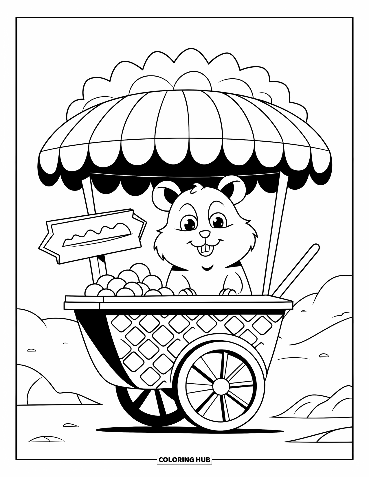 Kolorowanka z chomikiem dla dorosłych: Słodki chomik za wózkiem z lodami w kształcie wafla w spokojnym krajobrazie z górami