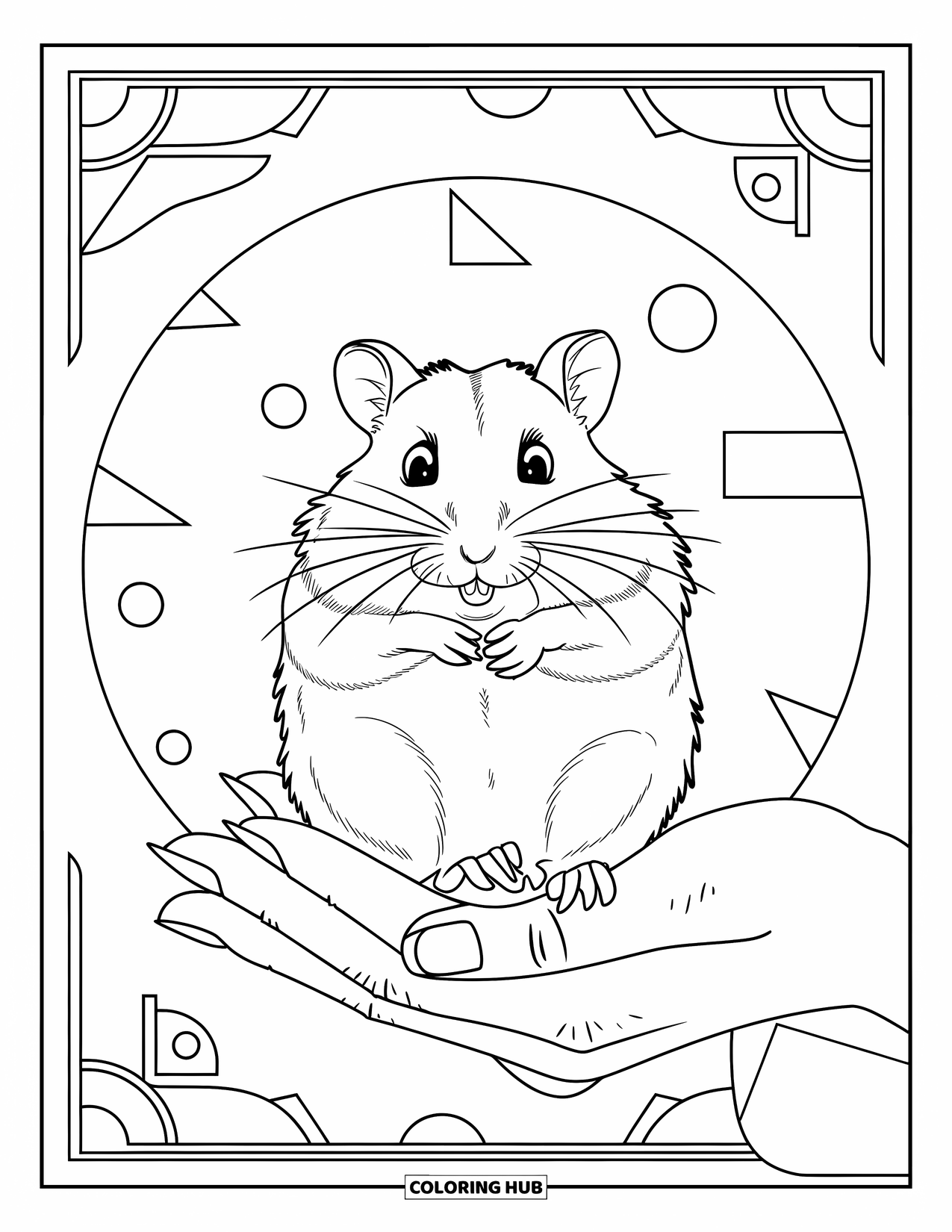 Kolorowanka z chomikiem dla dorosłych: Chomik trzymany przez ludzką rękę, otoczony geometrycznymi kształtami i miękkimi krzywiznami