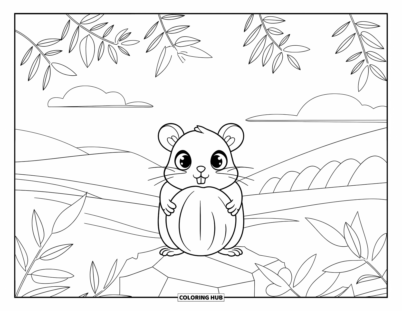 Kolorowanka z chomikiem dla dorosłych: Chomik trzymający duży orzech na skale, ze spokojnym krajobrazem i łagodnymi wzgórzami