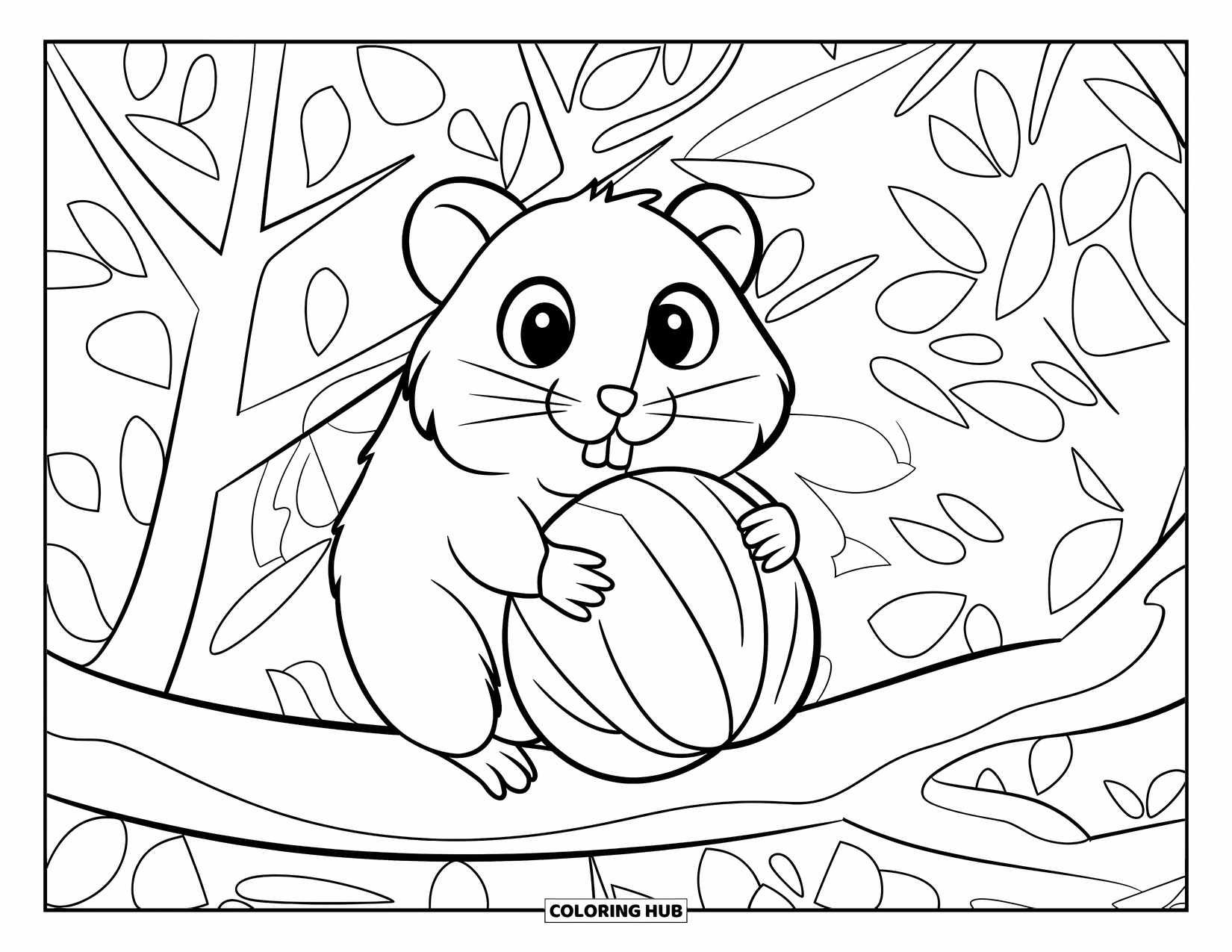 Kolorowanka z chomikiem dla dorosłych: Chomik trzymający duży orzech, siedząc na gałęzi w gęstym lesie liściastych gałęzi