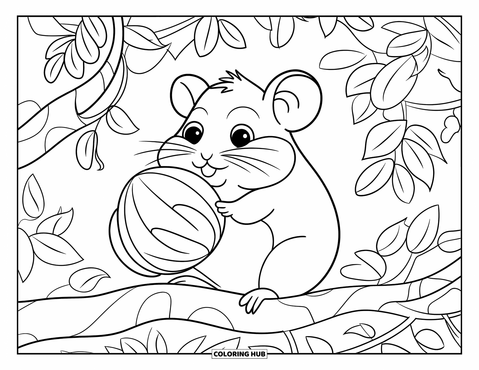 Kolorowanka z chomikiem dla dorosłych: Chomik trzymający duży orzech, siedząc na gałęzi, otoczony liściastymi gałęziami