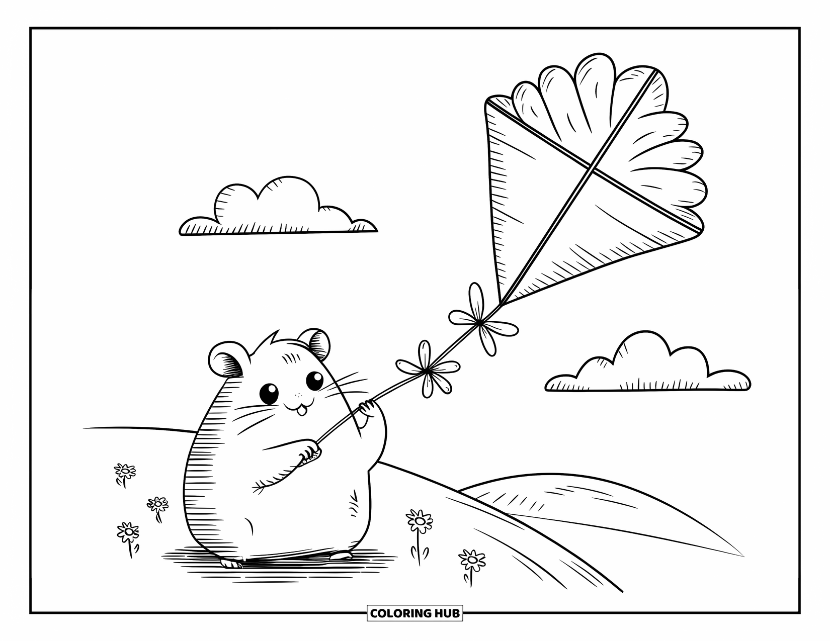 Kolorowanka z chomikiem dla dorosłych: Chomik trzyma sznurek przymocowany do latawca w kształcie słonecznika, stojąc na łagodnym wzgórzu