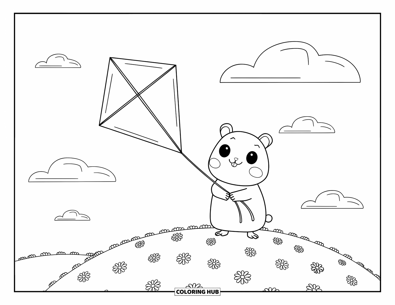 Kolorowanka z chomikiem dla dorosłych: Chomik trzyma sznurek do latawca w kształcie słonecznika, stojąc na łagodnym wzgórzu z chmurami