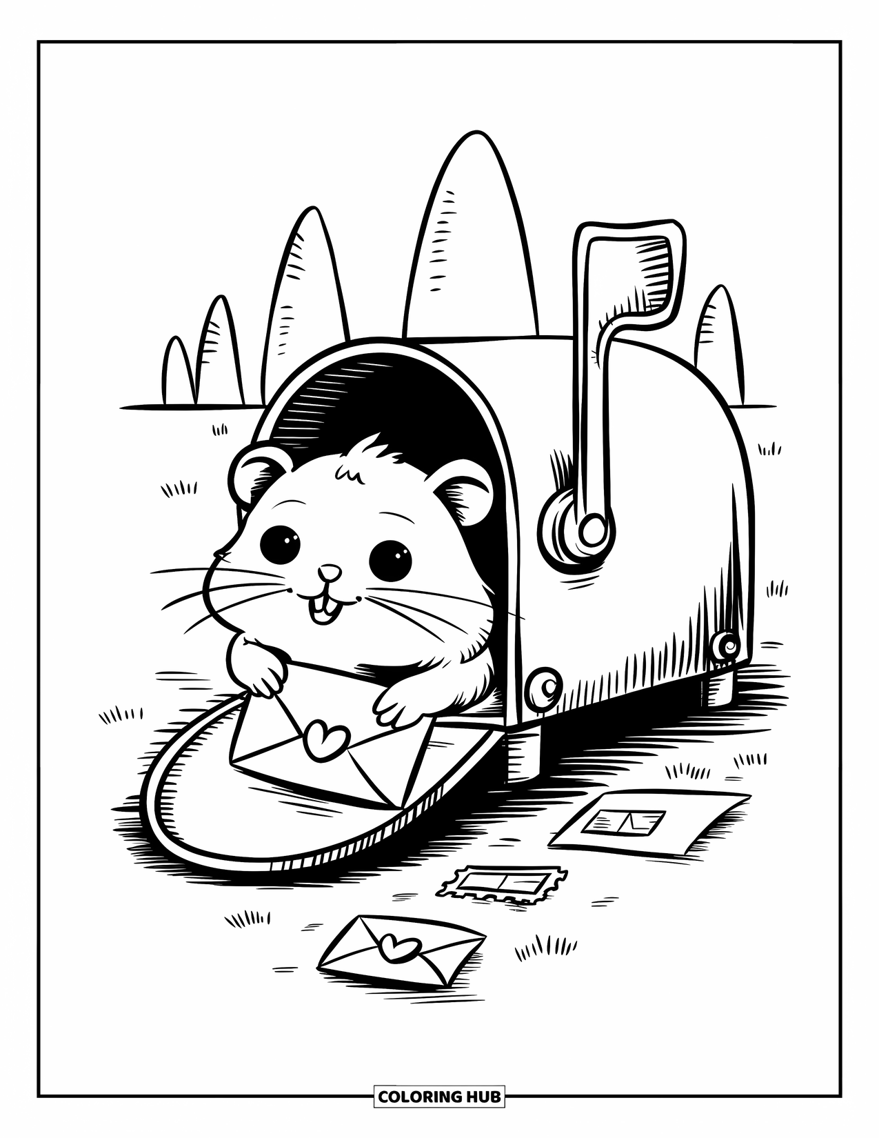 Kolorowanka z chomikiem dla dorosłych: Chomik trzyma list z pieczęcią w kształcie serca, siedząc na kopertach z pogodnym tłem drzew