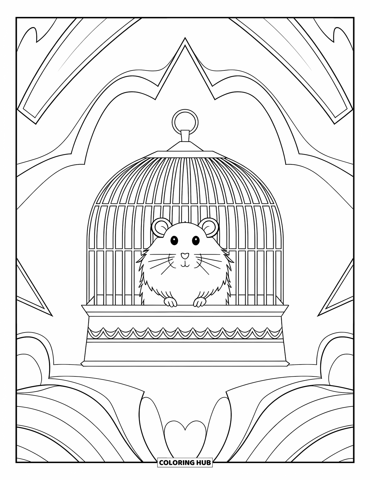 Kolorowanka z chomikiem dla dorosłych: Chomik w klatce, otoczony geometrycznymi kształtami i miękkimi krzywiznami