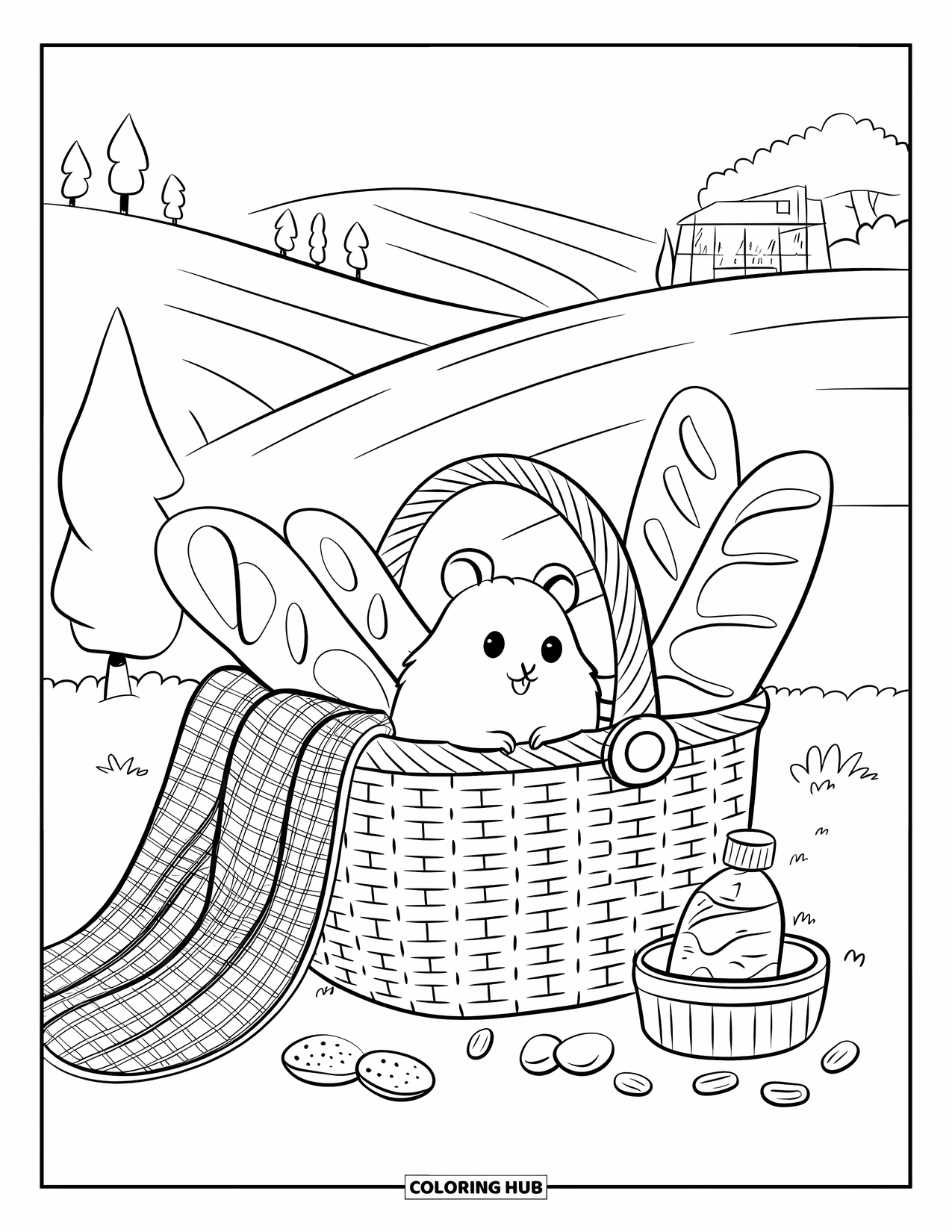 Kolorowanka z chomikiem dla dorosłych: Chomik wyskakuje z koszyka piknikowego z prostymi smakołykami w spokojnym krajobrazie