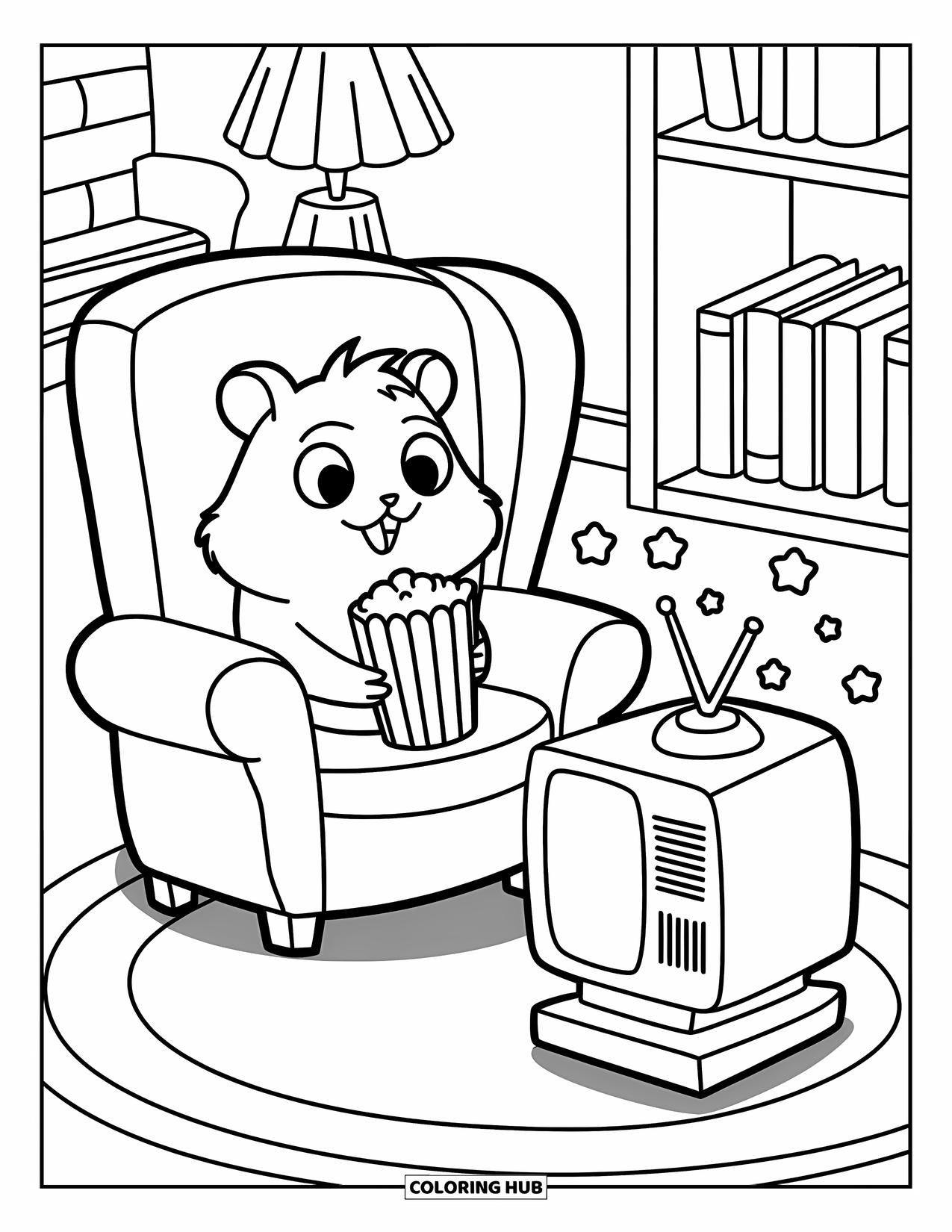 Kolorowanka z chomikiem dla dorosłych: Chomik siedzi w fotelu z popcornem, oglądając telewizję w przytulnym pokoju z dywanem