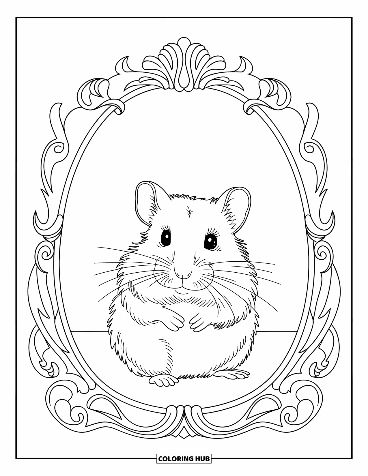 Kolorowanka z chomikiem dla dorosłych: Chomik siedzący w ozdobnej ramie ze skomplikowanymi wzorami i szczegółowymi grafikami