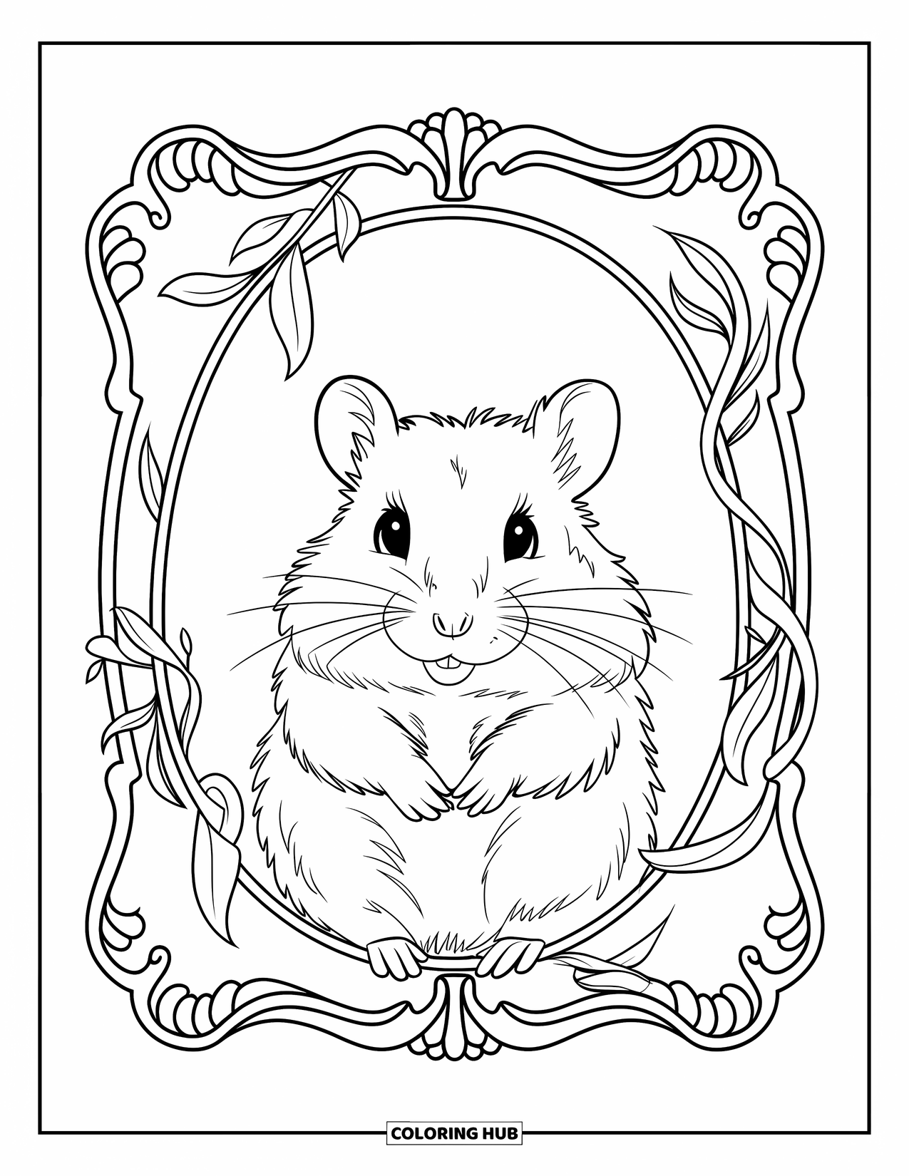 Kolorowanka z chomikiem dla dorosłych: Chomik siedzi w ozdobnej ramie ze skomplikowanymi wzorami i subtelnymi pnączami
