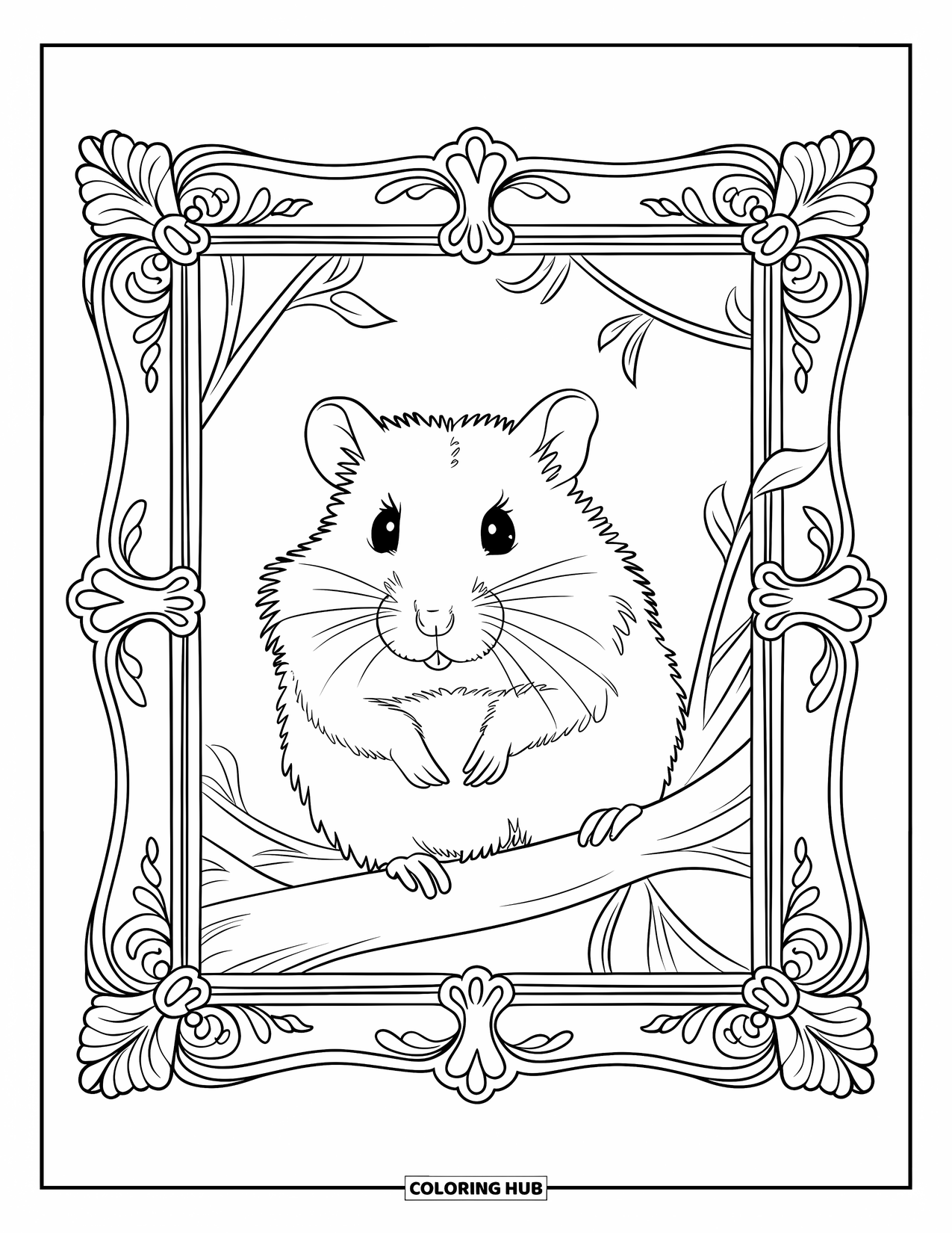 Kolorowanka z chomikiem dla dorosłych: Chomik siedzący na gałęzi w ozdobnej ramie ze skomplikowanymi wzorami i detalami