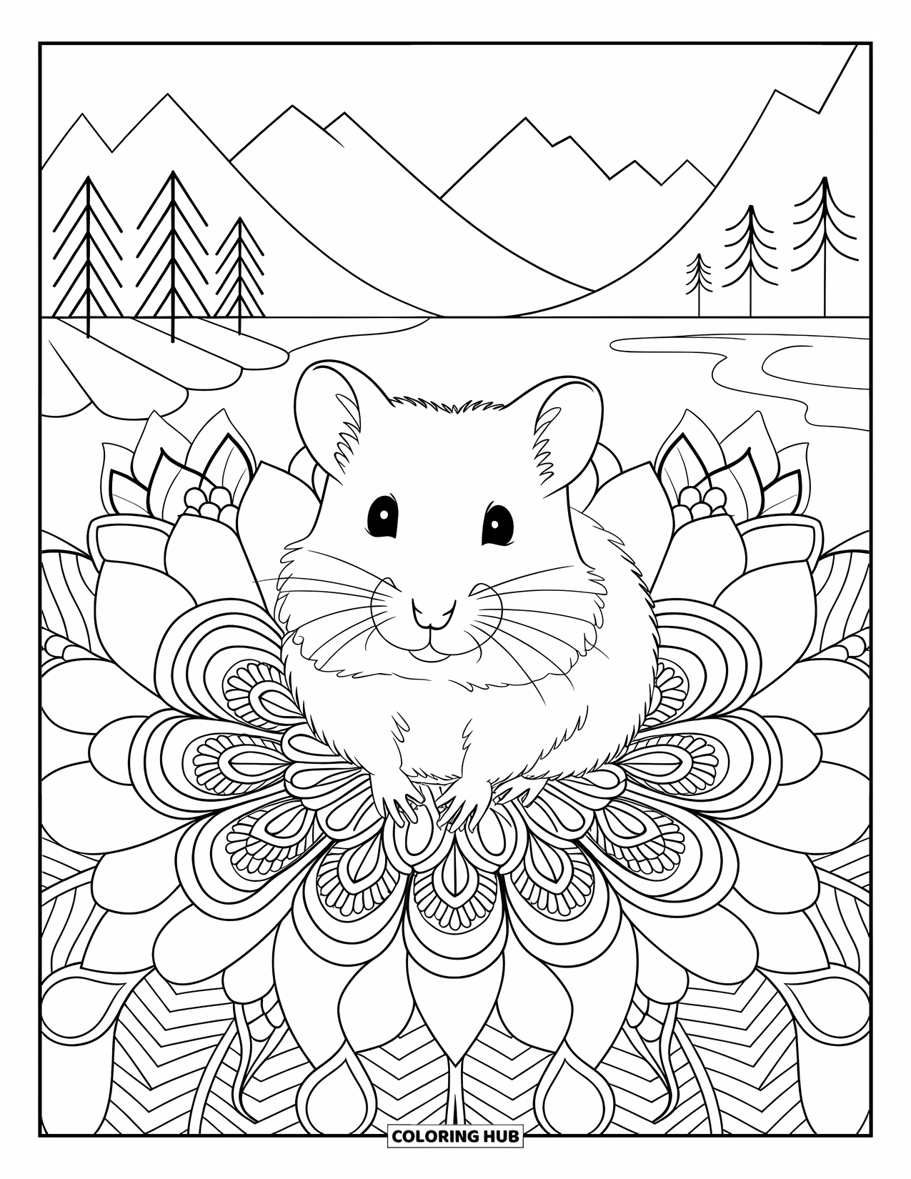 Kolorowanka z chomikiem dla dorosłych: Chomik siedzący na szczegółowym kwiatku, otoczony kwiatowymi wzorami mandali w spokojnym krajobrazie