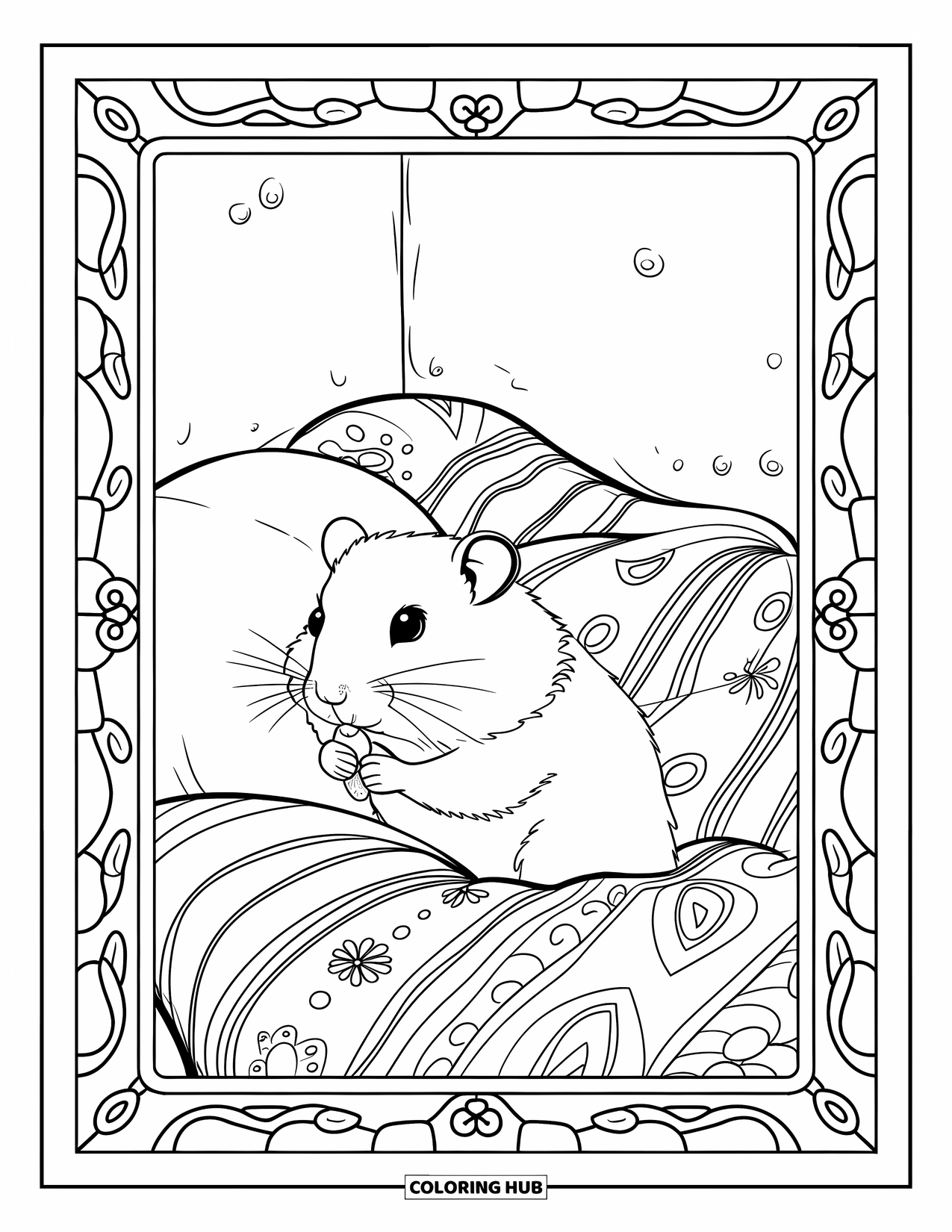 Kolorowanka z chomikiem dla dorosłych: Chomik siedzący na poduszce w przytulnym kąciku z wzorzystymi kocami, trzymający małą zabawkę