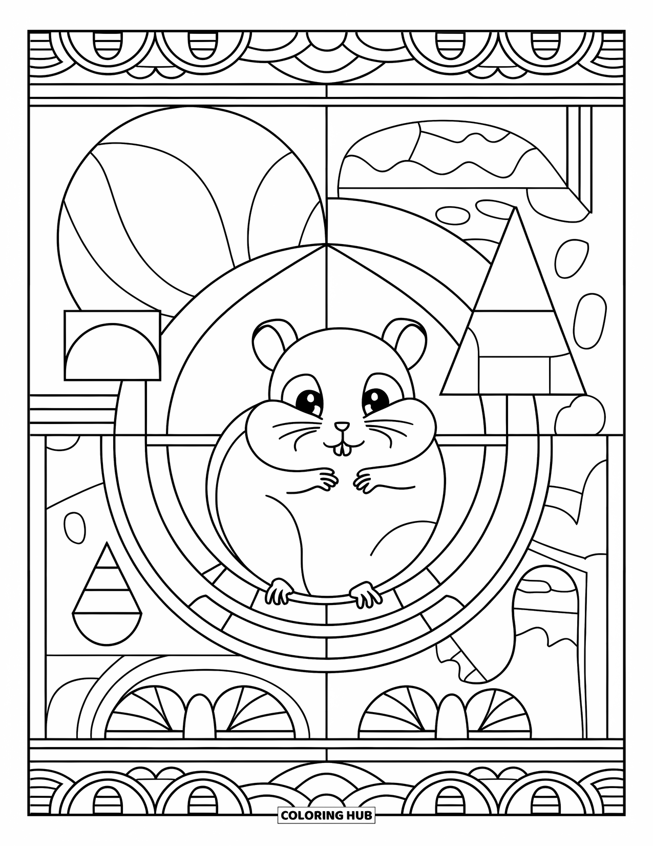 Kolorowanka z chomikiem dla dorosłych: Chomik siedzący na kole w klatce, otoczony geometrycznymi kształtami i skomplikowanymi wzorami