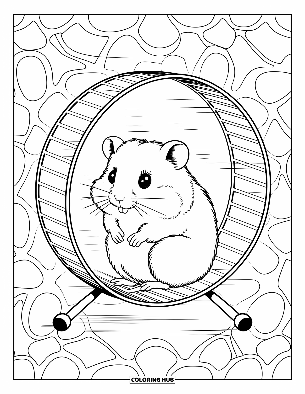 Kolorowanka z chomikiem dla dorosłych: Chomik siedzący na kole, otoczony wijącymi się liniami w stylu paisley i połączonymi okręgami w tle