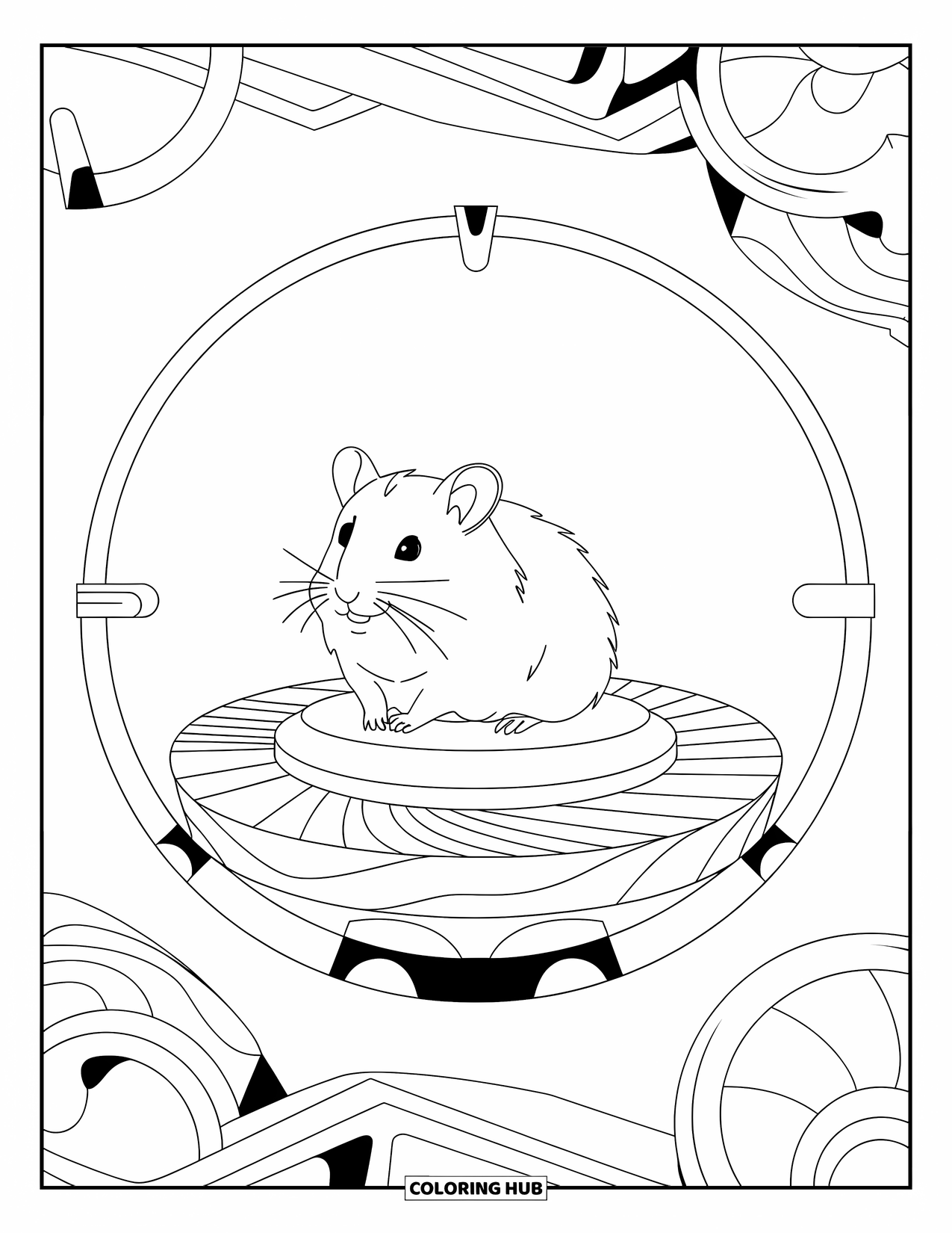 Kolorowanka z chomikiem dla dorosłych: Chomik siedzący na drewnianej podstawie, otoczony geometrycznymi kształtami i miękkimi krzywiznami