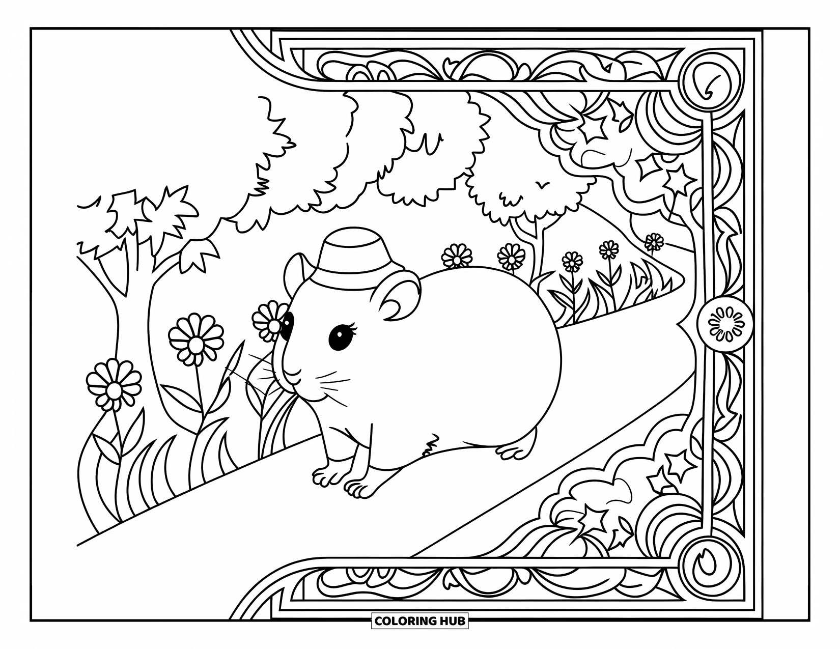 Kolorowanka z chomikiem dla dorosłych: Chomik idący ścieżką obsadzoną kwiatami, w malutkim kapeluszu, ze skomplikowanymi dekoracyjnymi obramowaniami