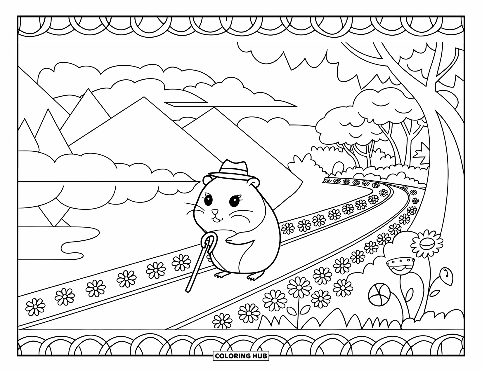 Kolorowanka z chomikiem dla dorosłych: Chomik idący ścieżką, w malutkim kapeluszu i z laską, z kwiatami i drzewami