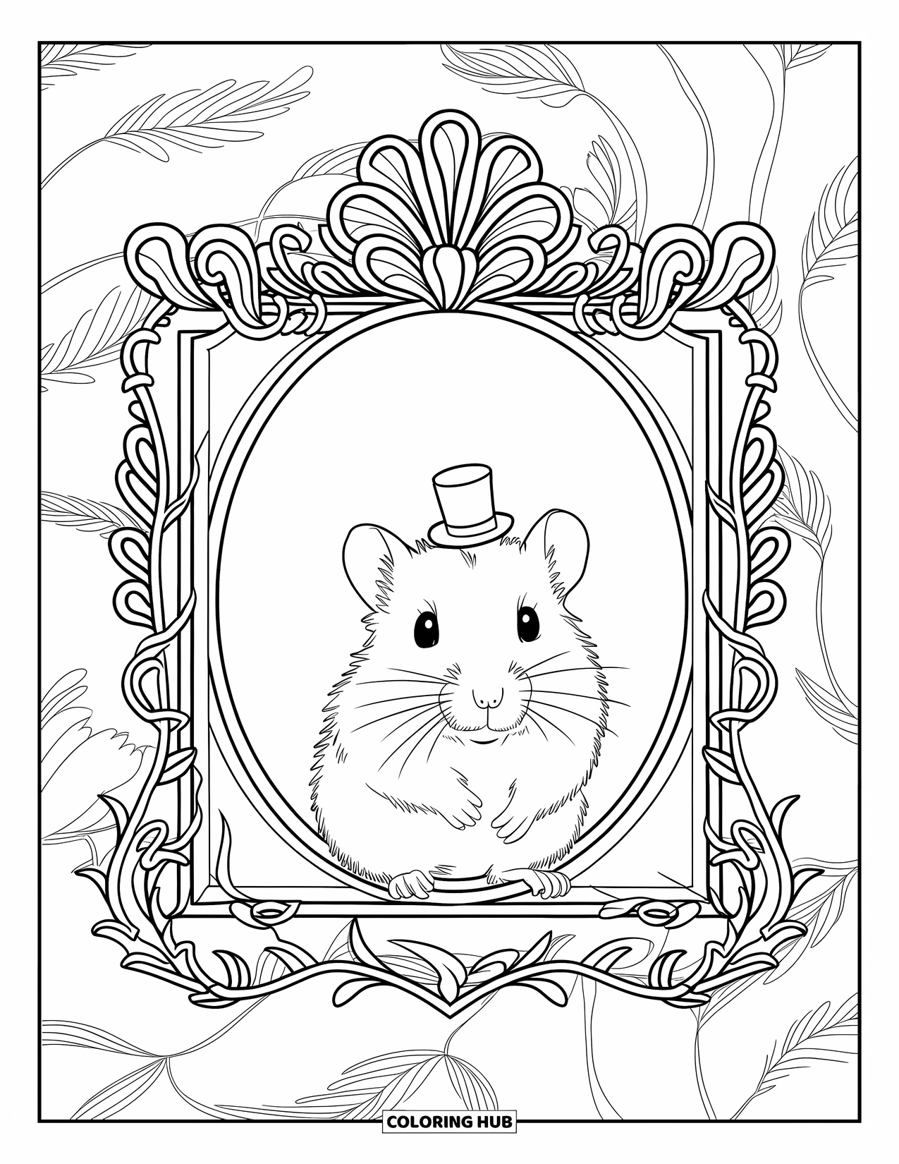Kolorowanka z chomikiem dla dorosłych: Chomik w malutkim cylindrze w ozdobnej ramie ze skomplikowanymi wzorami i subtelnymi pnączami