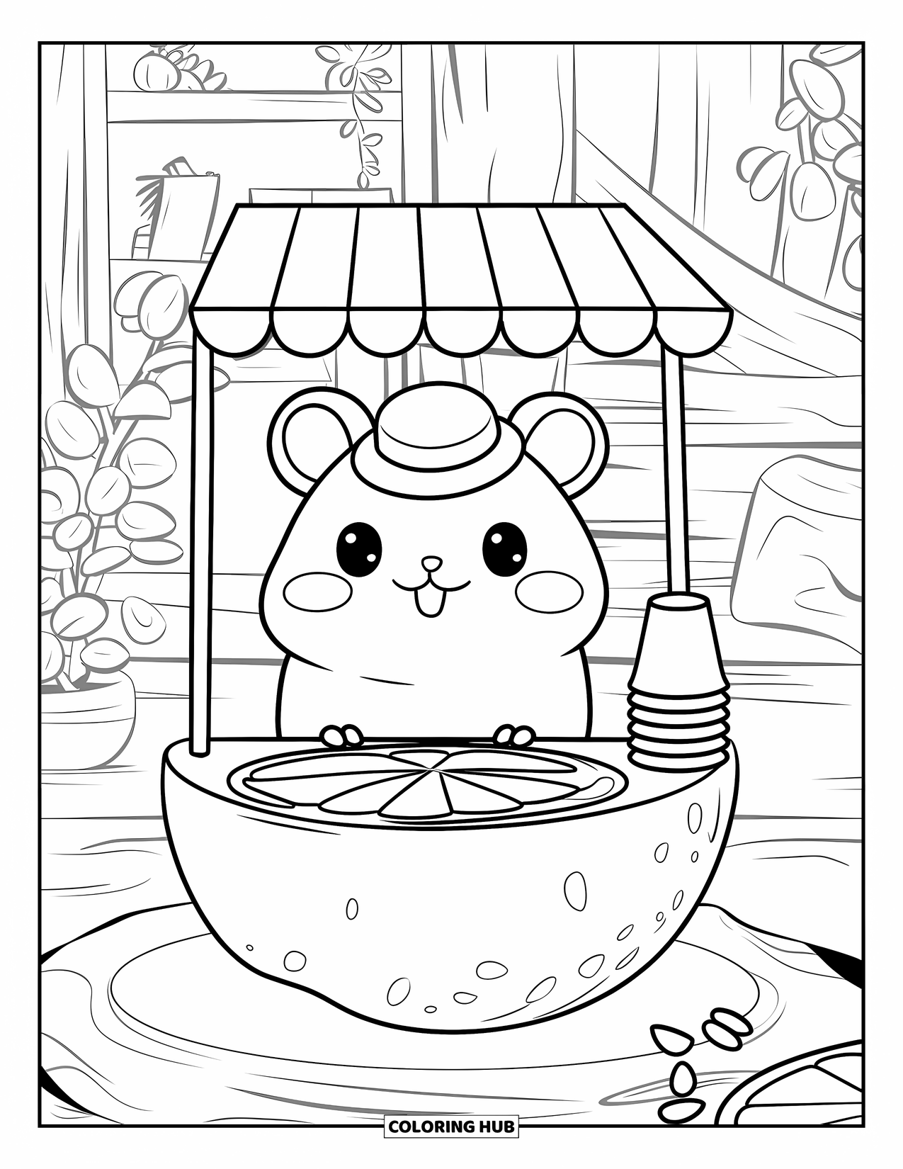 Kolorowanka z chomikiem dla dorosłych: Chomik kawaii za stoiskiem z lemoniadą w kształcie połowy cytryny, z kubkami i przytulną atmosferą