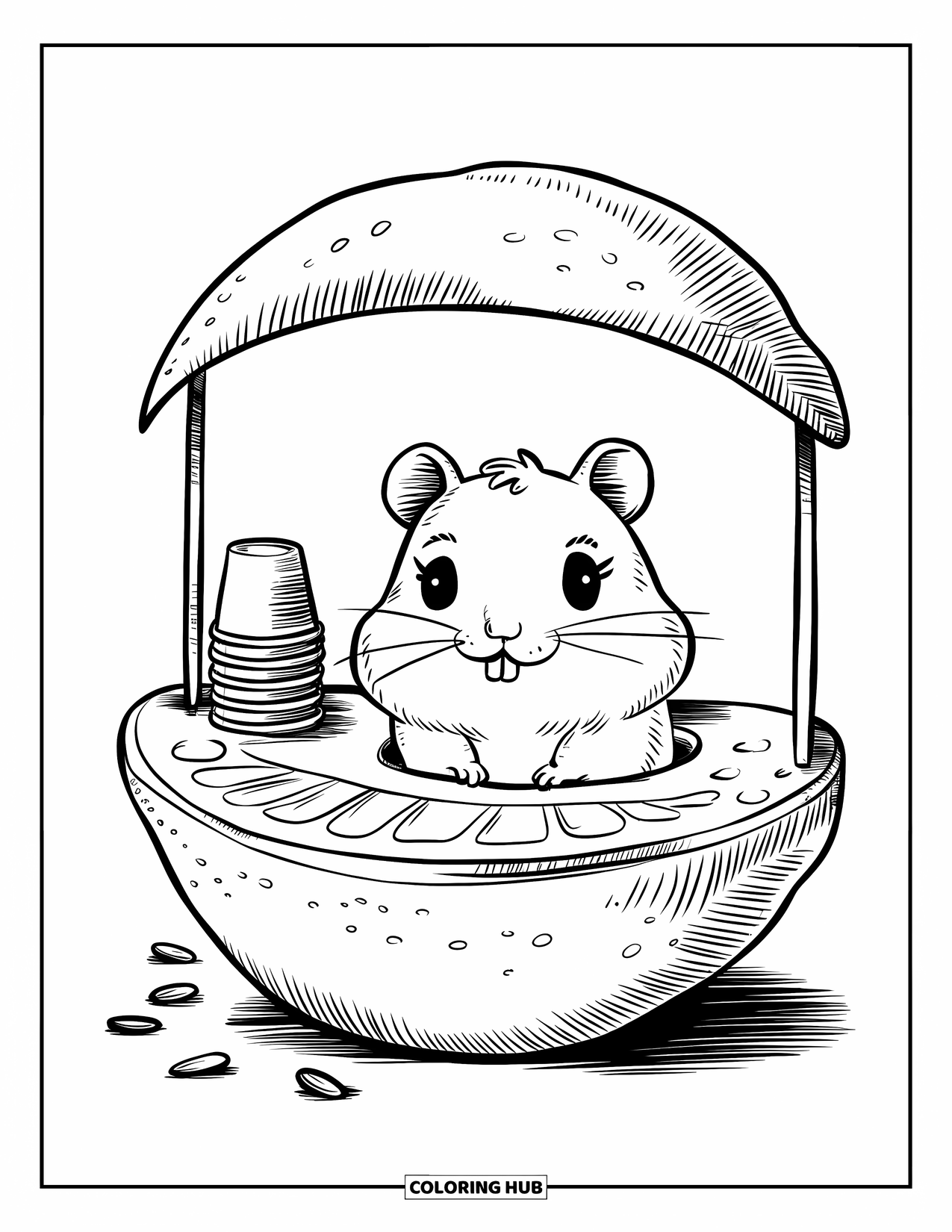 Kolorowanka z chomikiem dla dorosłych: Chomik kawaii za stoiskiem z lemoniadą w kształcie połowy cytryny, z kubkami i ziarnami