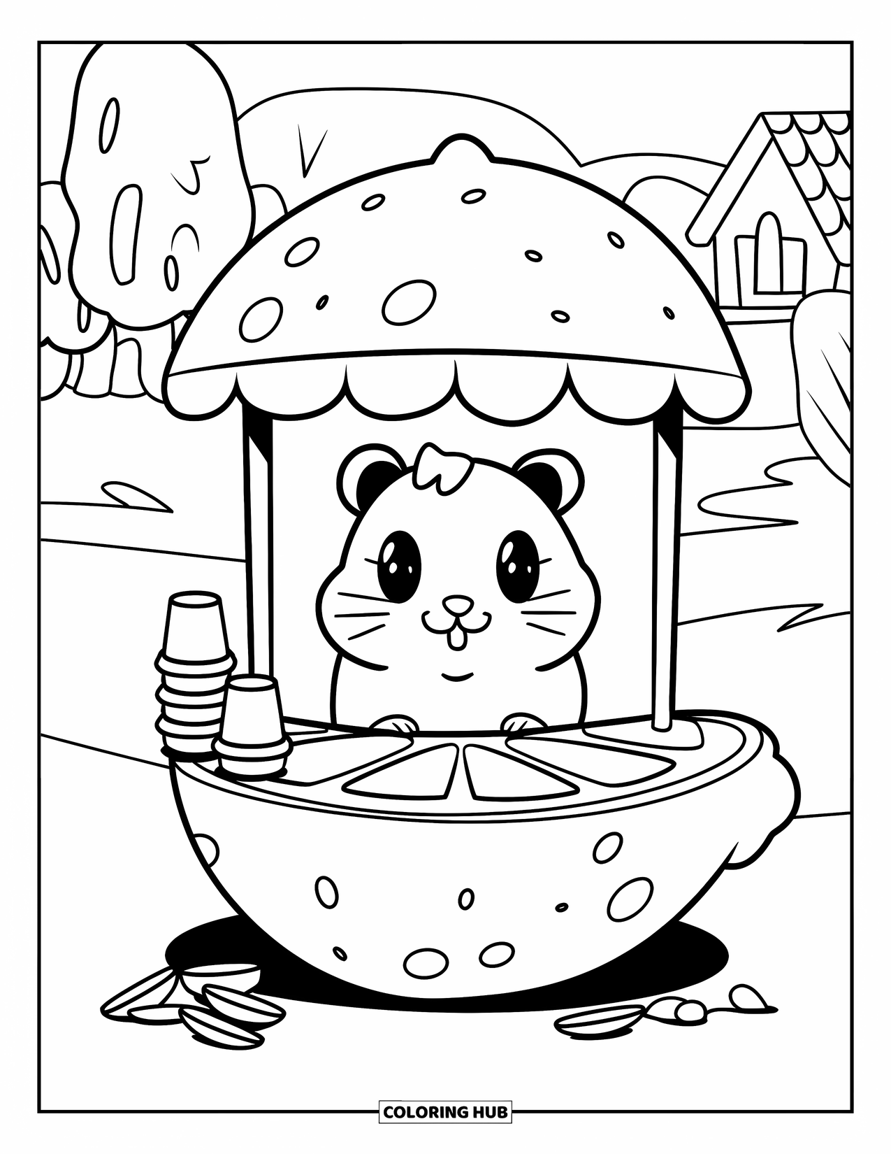 Kolorowanka z chomikiem dla dorosłych: Chomik kawaii za stoiskiem z lemoniadą z kubkami i ziarnami słonecznika, otoczony drzewami