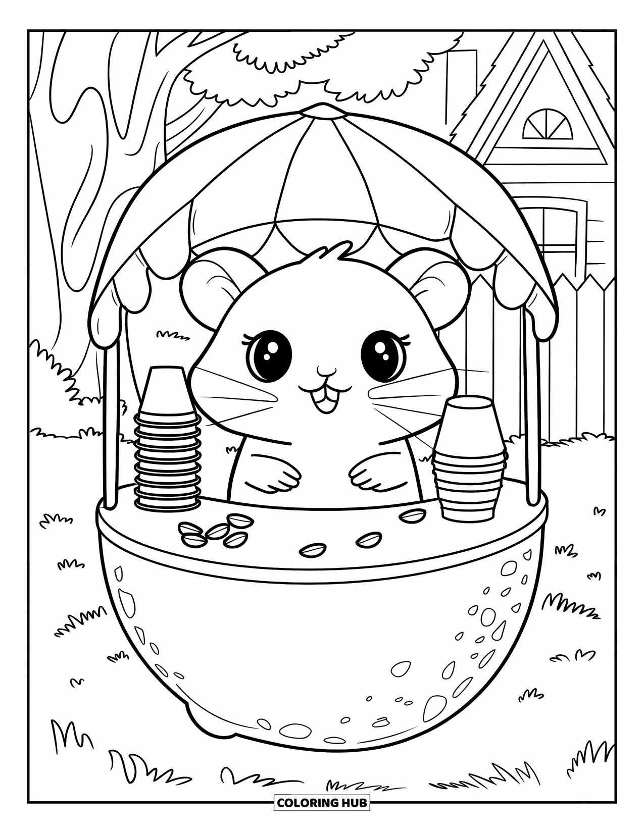 Kolorowanka z chomikiem dla dorosłych: Chomik kawaii za stoiskiem z lemoniadą z kubkami, ziarnami i przytulną sceną z drzewem