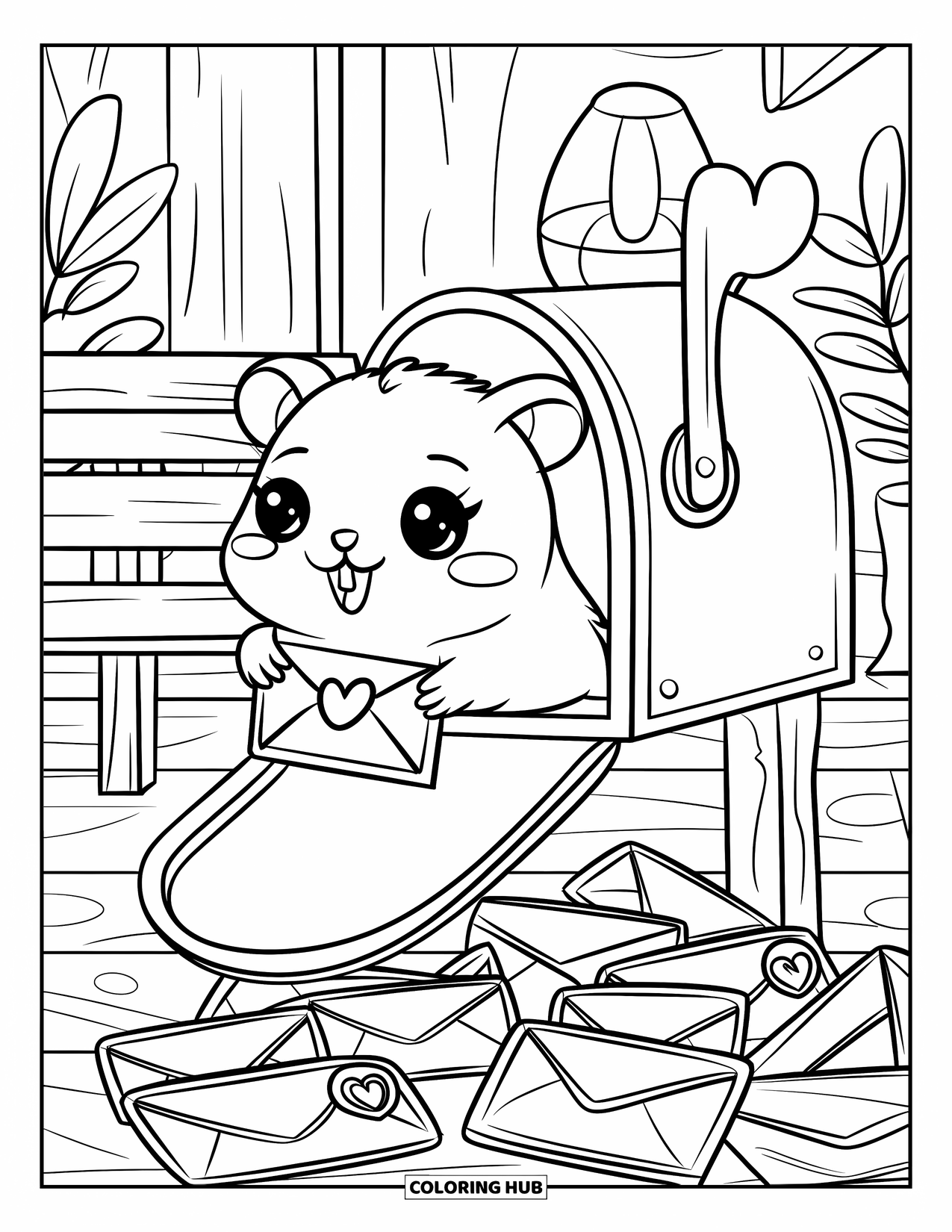 Kolorowanka z chomikiem dla dorosłych: Chomik kawaii trzyma list z pieczęcią w kształcie serca, siedząc na małych kopertach i znaczkach