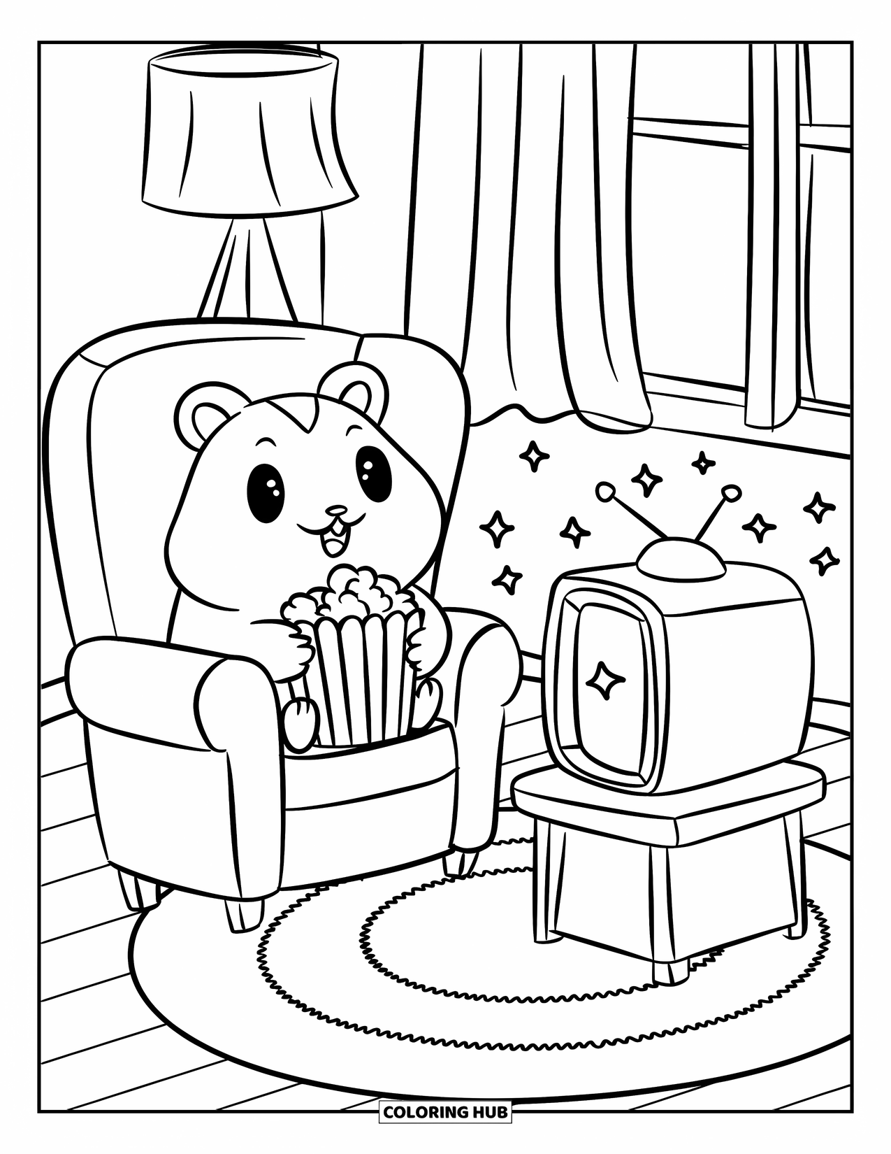Kolorowanka z chomikiem dla dorosłych: Chomik kawaii siedzi w fotelu, trzymając popcorn, z unoszącymi się gwiazdami i przytulnym pokojem