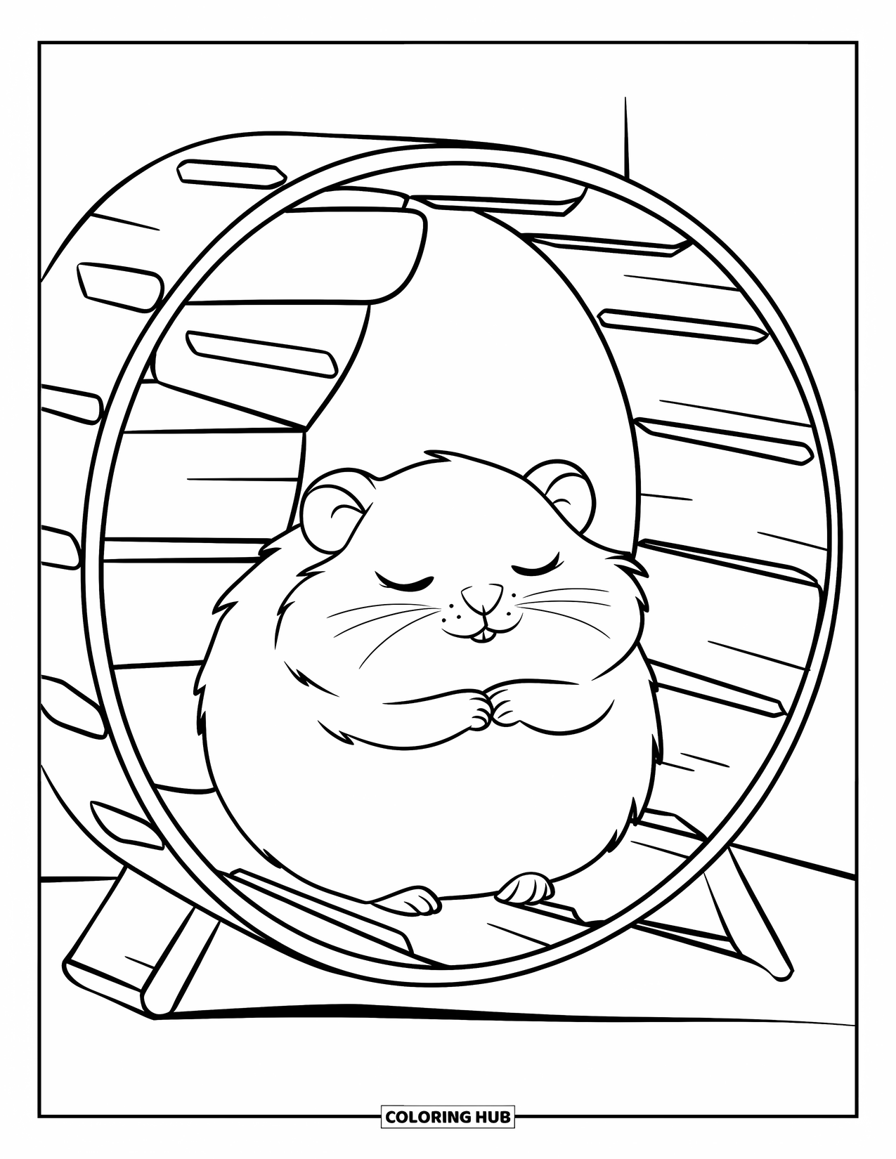 Kolorowanka z chomikiem dla dzieci: Pulchny chomik śpi w przytulnym drewnianym kołowrotku bez szczegółów tła