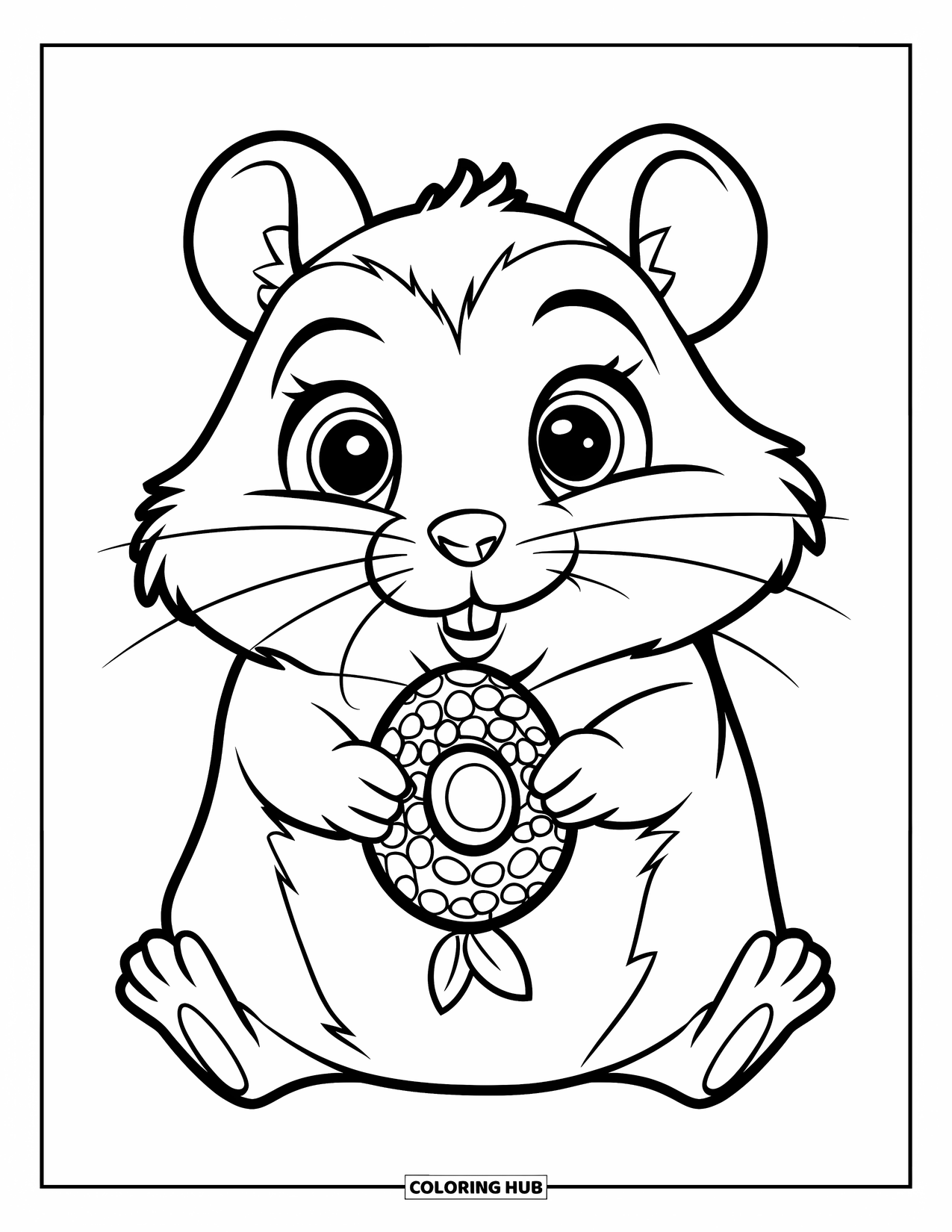 Kolorowanka z chomikiem dla dzieci: Słodki chomik siedzi prosto, trzymając ziarno słonecznika, z małym nosem i okrągłymi oczami