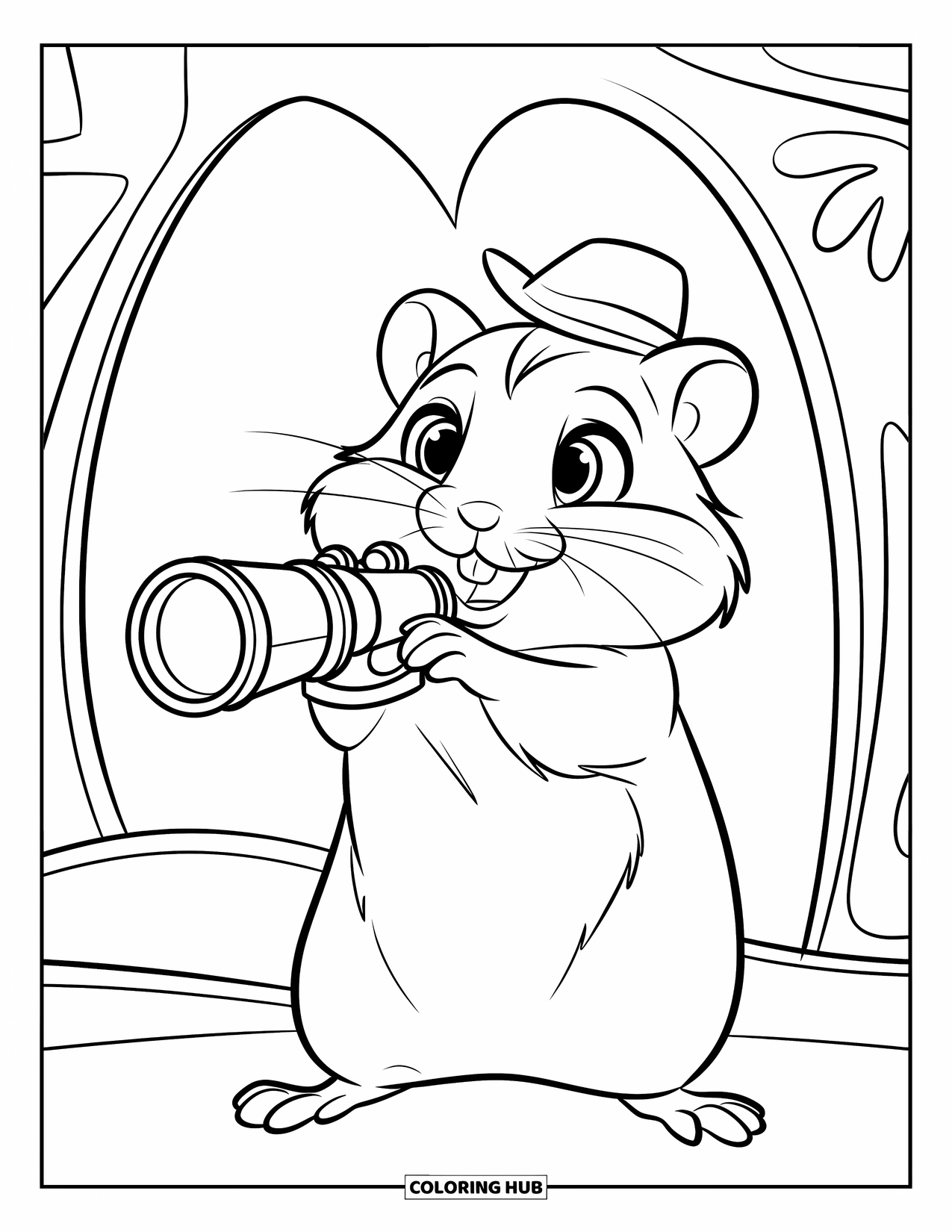 Kolorowanka z chomikiem dla dzieci: Chomik trzyma mini teleskop, stojąc na tylnych łapach, z prostym tłem