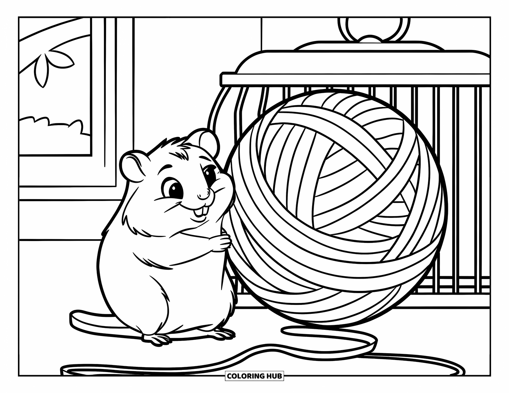 Kolorowanka z chomikiem dla dzieci: Chomik w klatce trzyma gigantyczną kulę włóczki, z prostym tłem pokoju