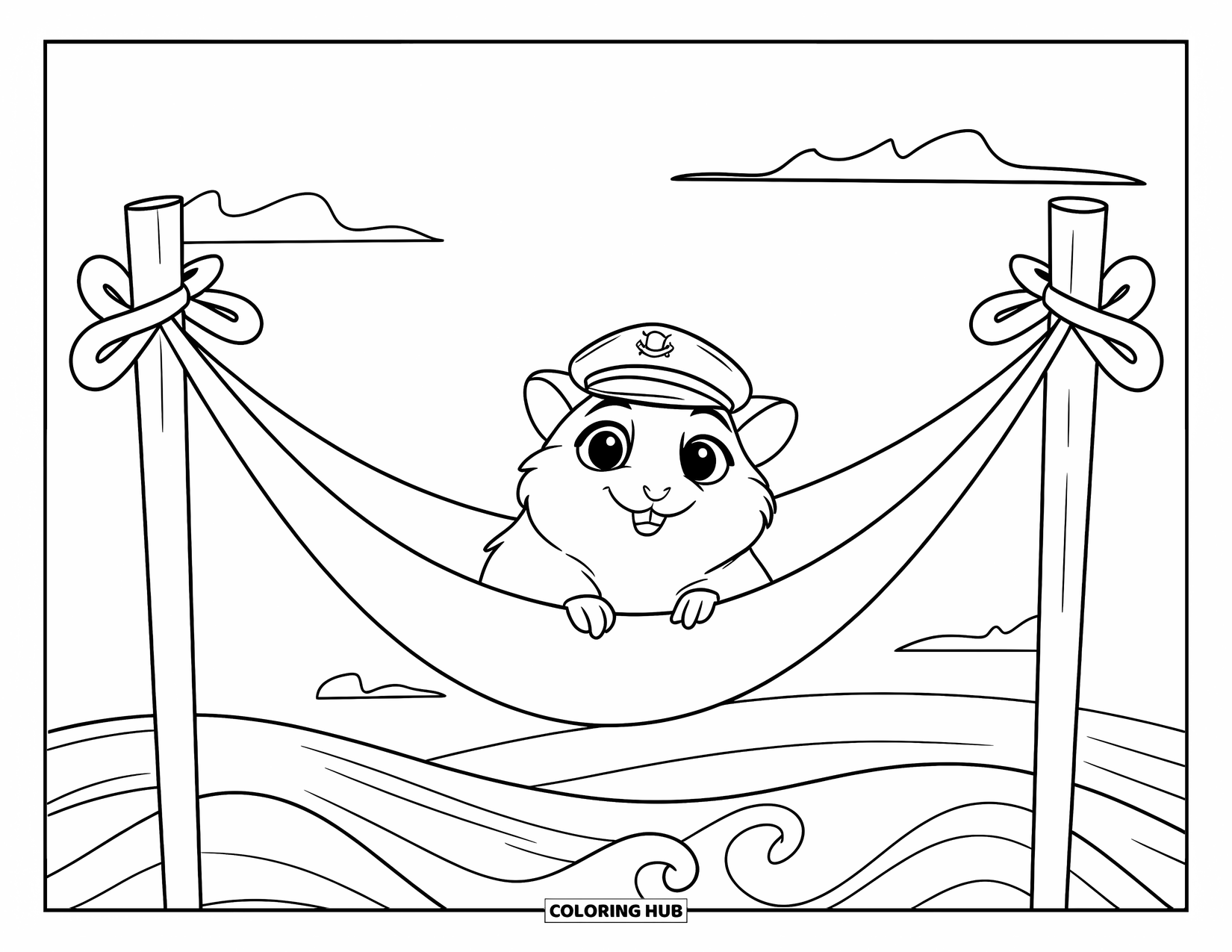 Kolorowanka z chomikiem dla dzieci: Chomik w kapitańskiej czapce odpoczywa w hamaku nad falami