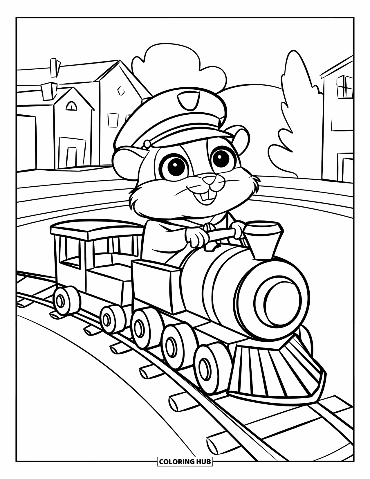 Kolorowanka z chomikiem dla dzieci: Chomik w kapeluszu dyrygenta jedzie zabawką po okrągłym torze z budynkami