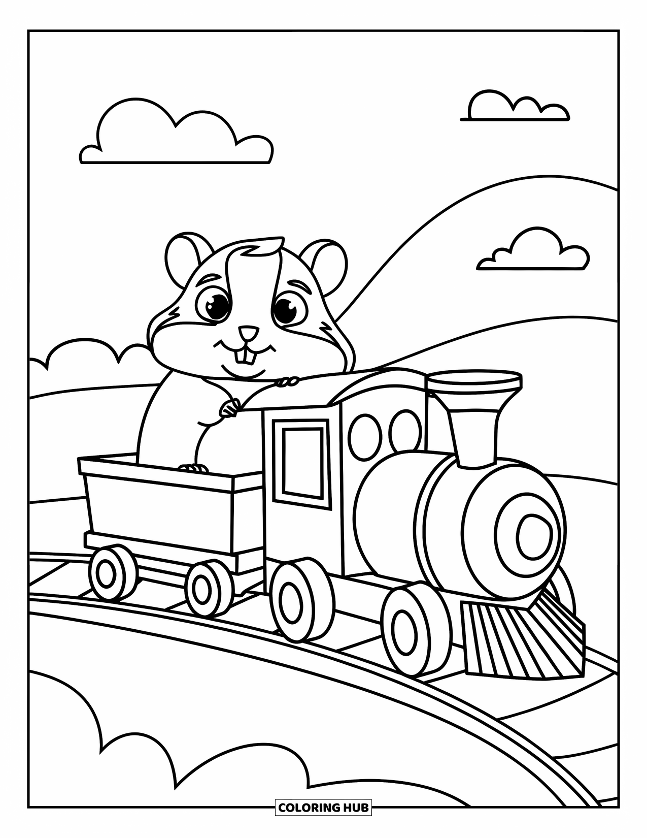 Kolorowanka z chomikiem dla dzieci: Chomik w kapeluszu dyrygenta jedzie zabawką po torze z kilkoma chmurami