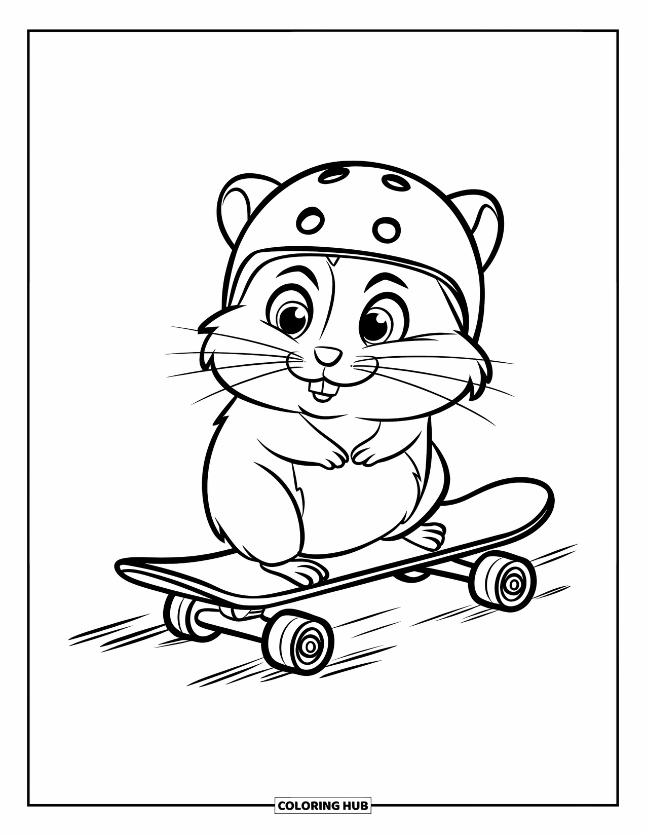 Kolorowanka z chomikiem dla dzieci: Chomik w kasku siedzi na deskorolce, z liniami ruchu i skupionym wyrazem twarzy