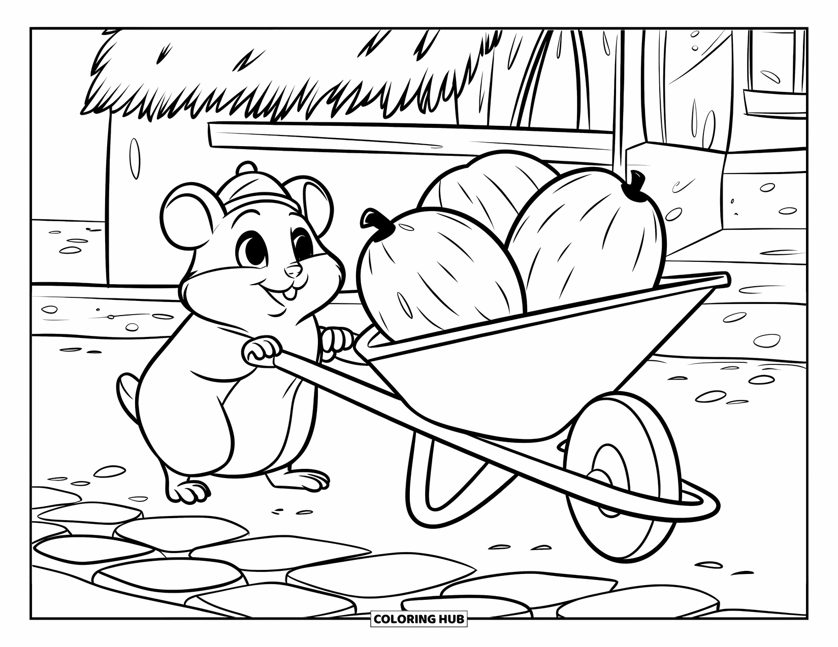 Kolorowanka z chomikiem dla dzieci: Chomik w małym kapeluszu pcha taczkę z trzema dużymi orzechami po brukowanej ścieżce