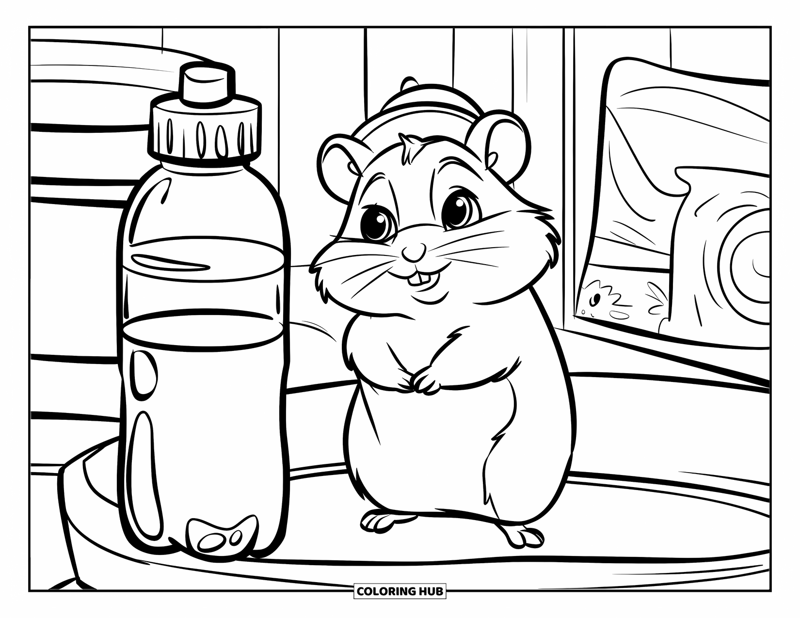 Kolorowanka z chomikiem dla dzieci: Chomik w małym kapeluszu stoi w pobliżu butelki z wodą, z radosną i prostą atmosferą